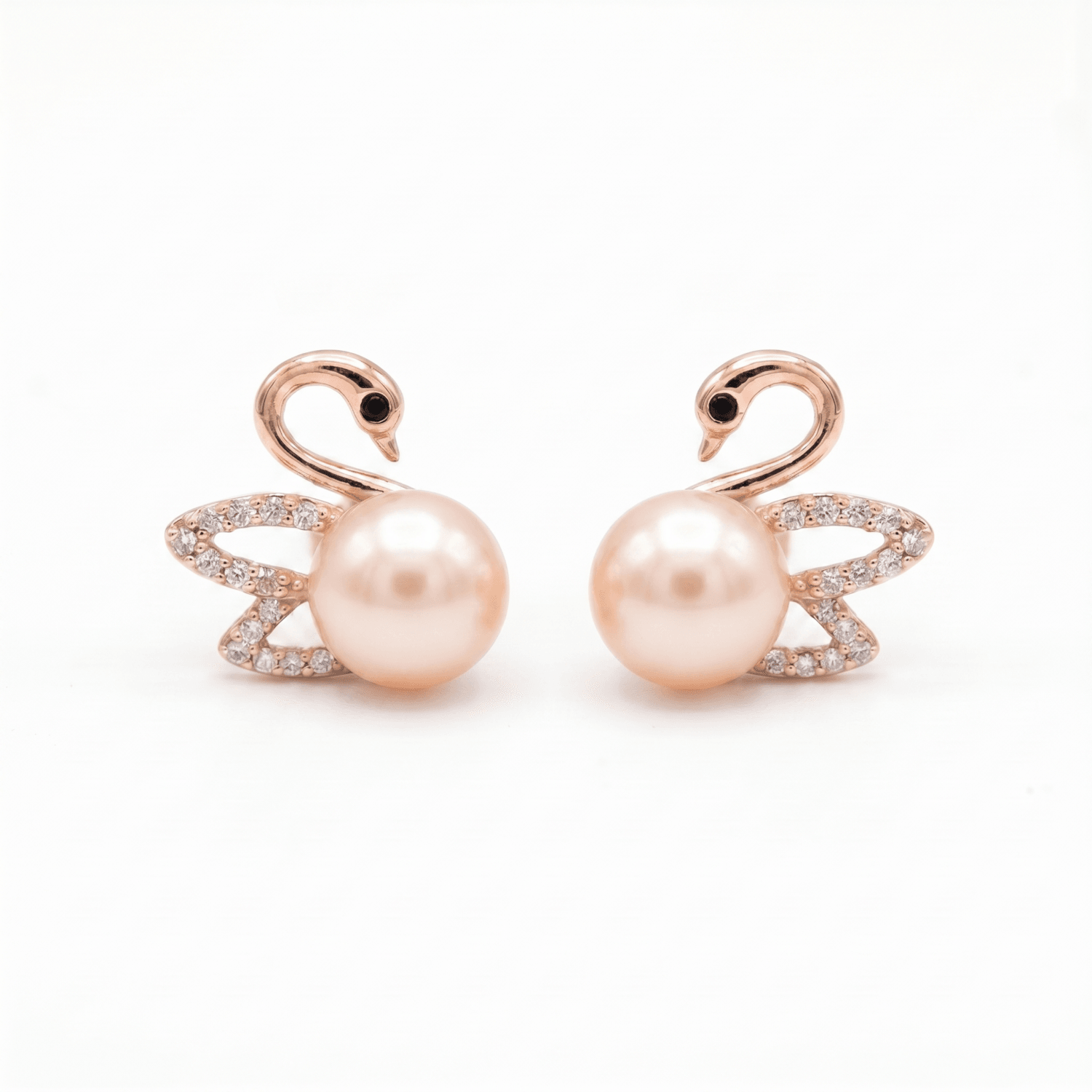 Swan Shaped Pretty Pearl Studs in Pink Pearls and Rose Gold Metal