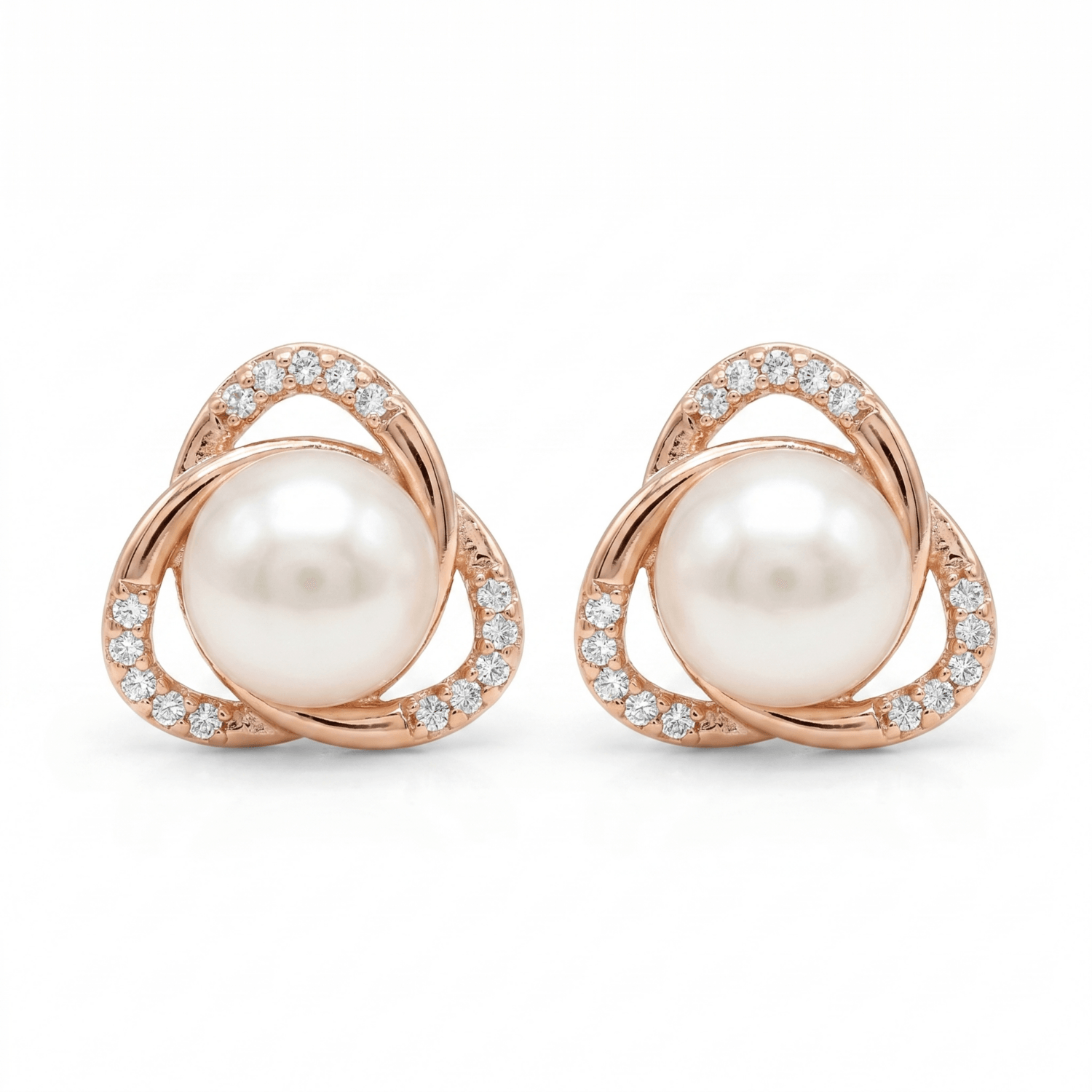 Cute Triangle Shaped White Pearl Studs in Rose Gold Metal