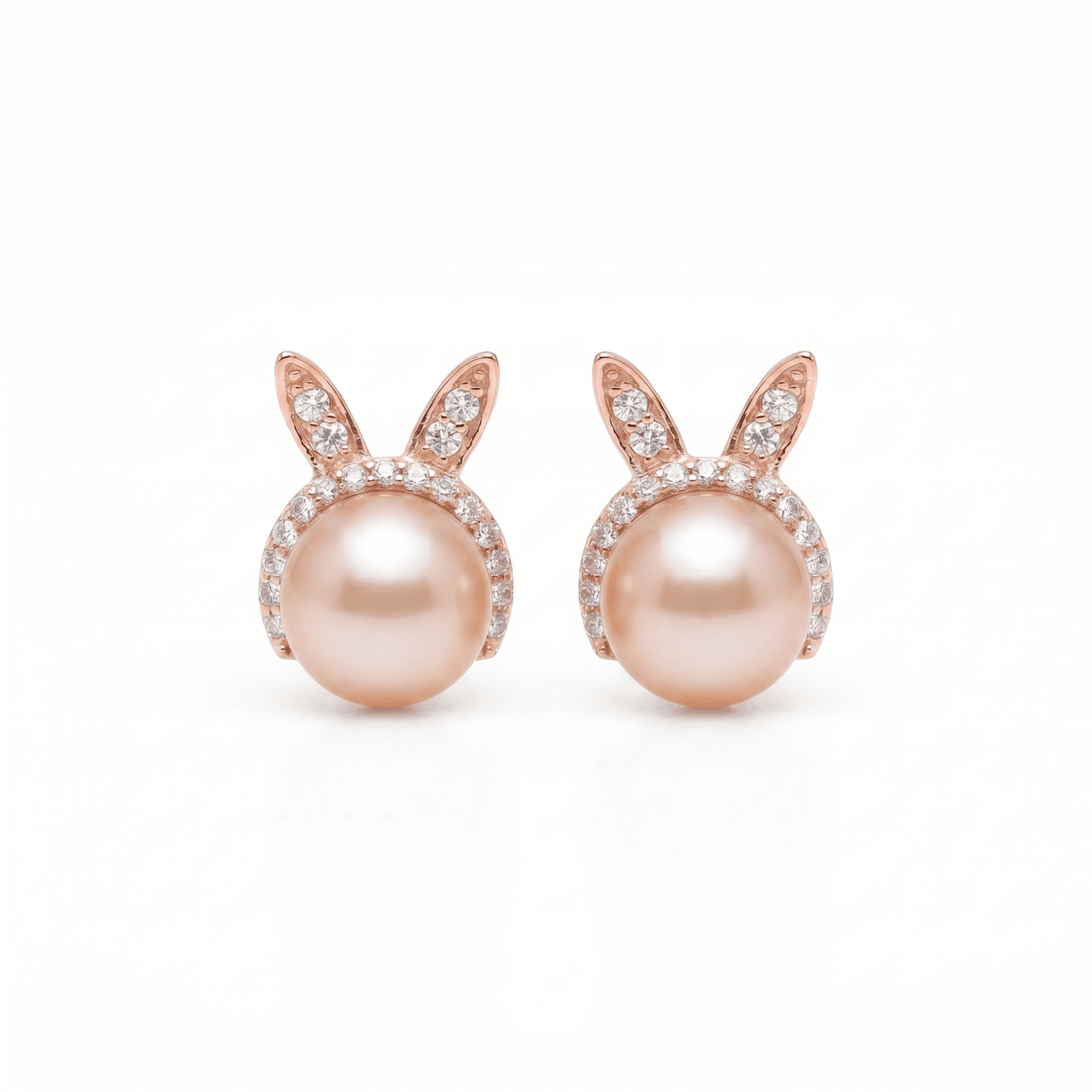 Bunny Shaped Pearl Studs in Pink Pearls and Rose Gold Metal