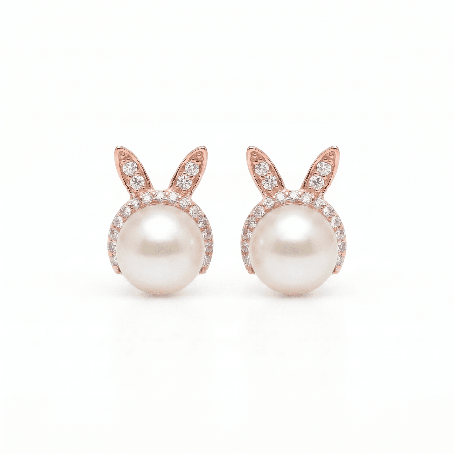 Bunny Shaped Pearl Studs in White Pearls and Rose Gold Metal