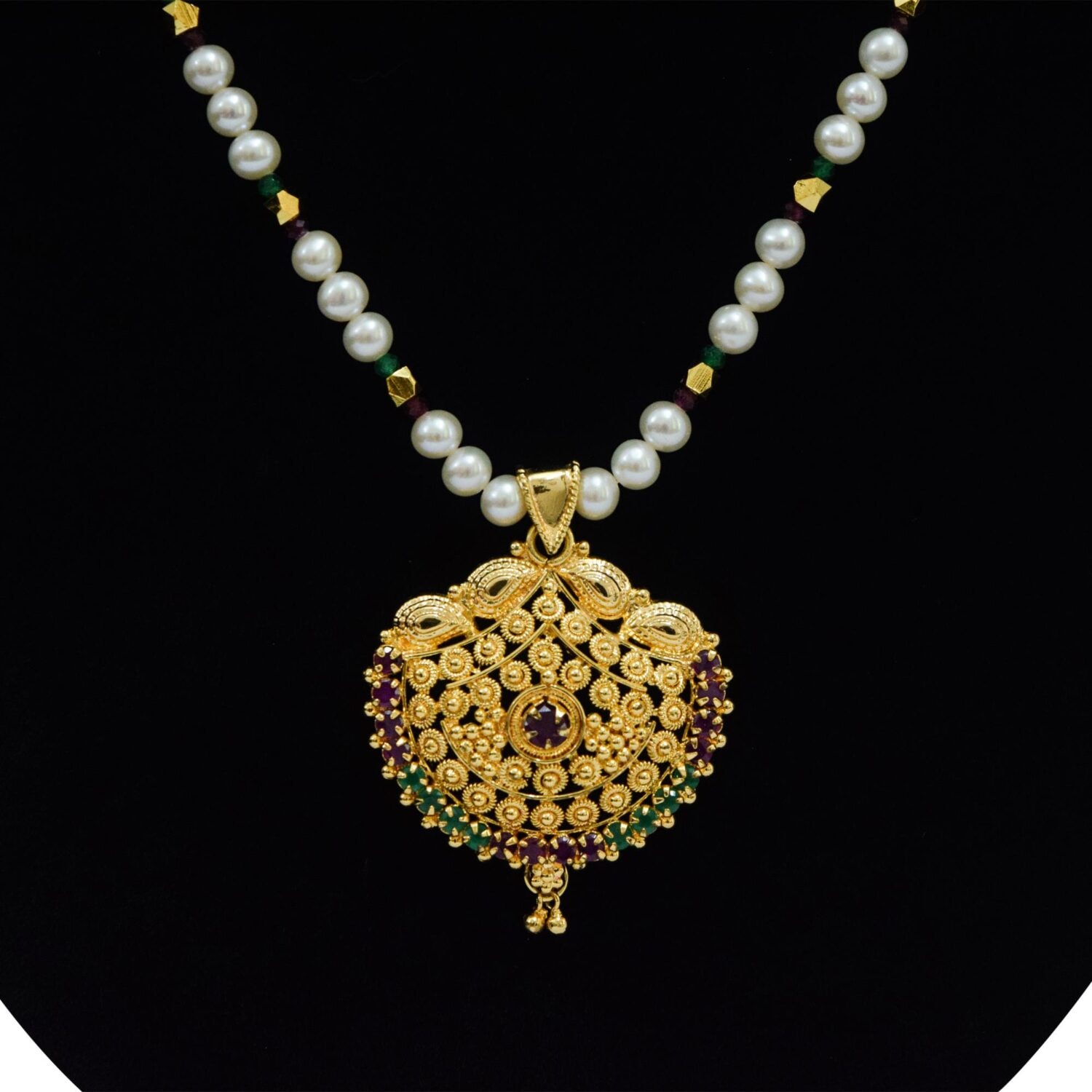 Traditional Pearl Necklace Set with Ruby and Emerald Stones - Image 2