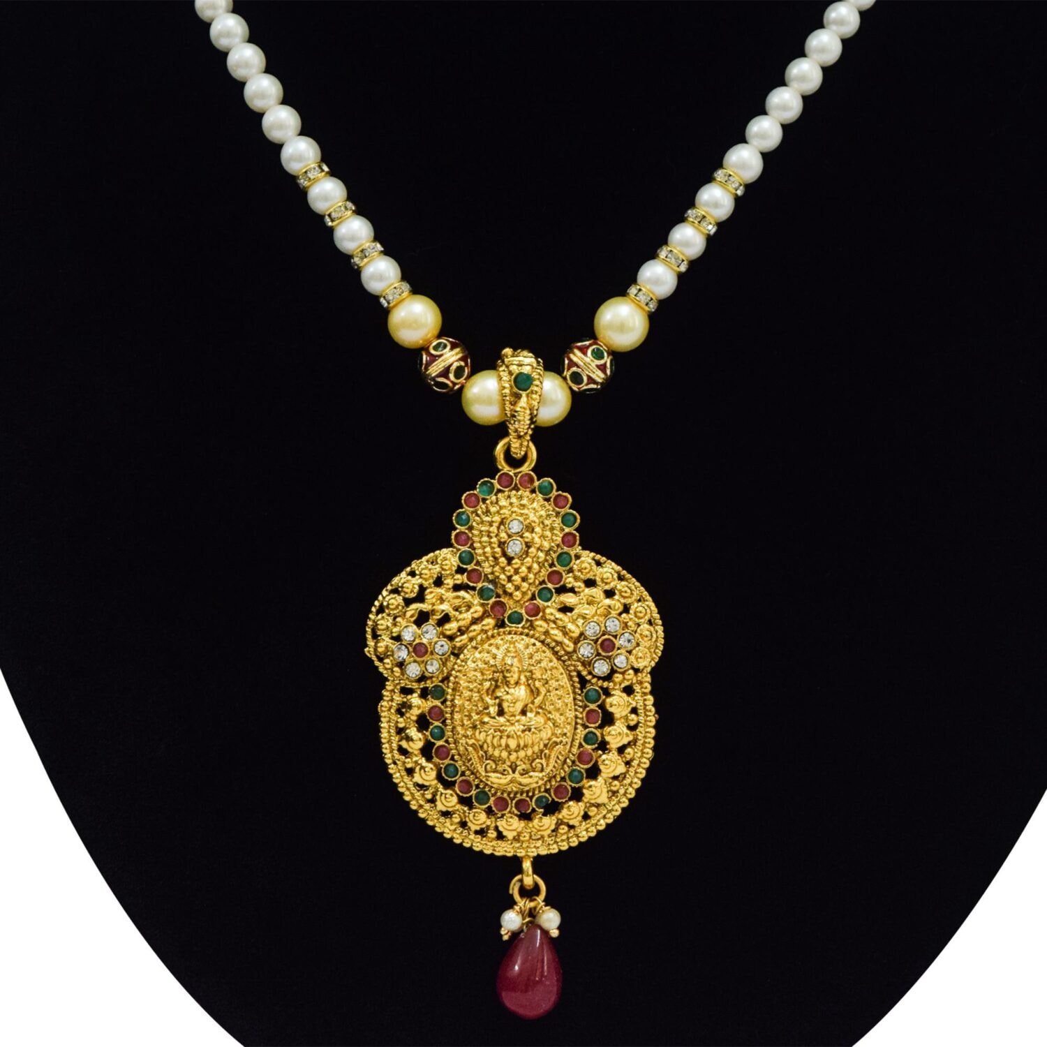 Temple Jewellery in 5mm Round White Pearls with Lakshmi Pendant - Image 2