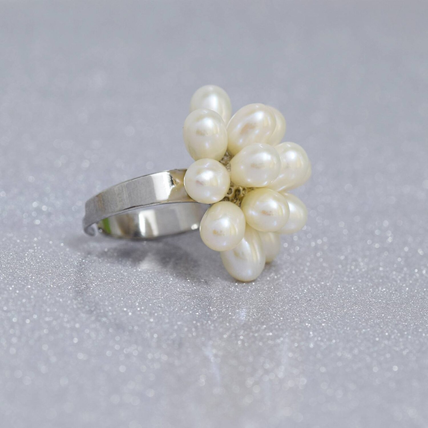 Stylish Adjustable Pearl Bunch Finger Ring in White Pearls - Image 2