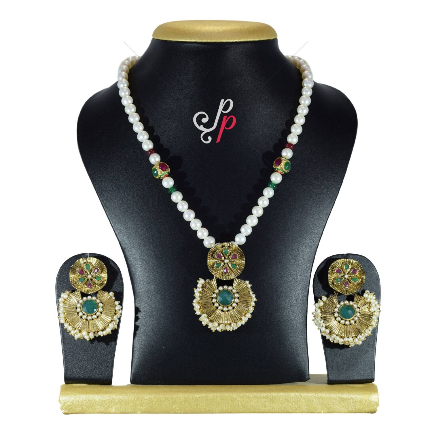 Pearl Necklace Set in Traditional Polki Pendant Set - Image 2