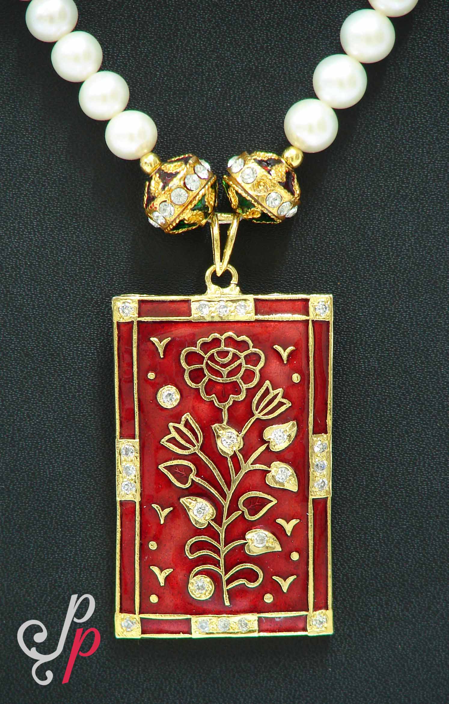 Different and gorgeous pearl necklace set with meenakari pendant - Image 3