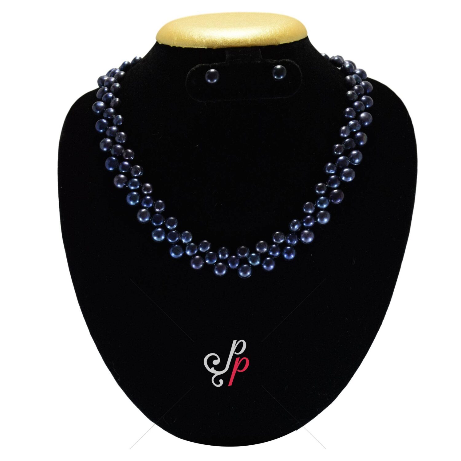 Shiny Zig Zag 18Inch Deep Blue Button Pearl Necklace Set - Image 2