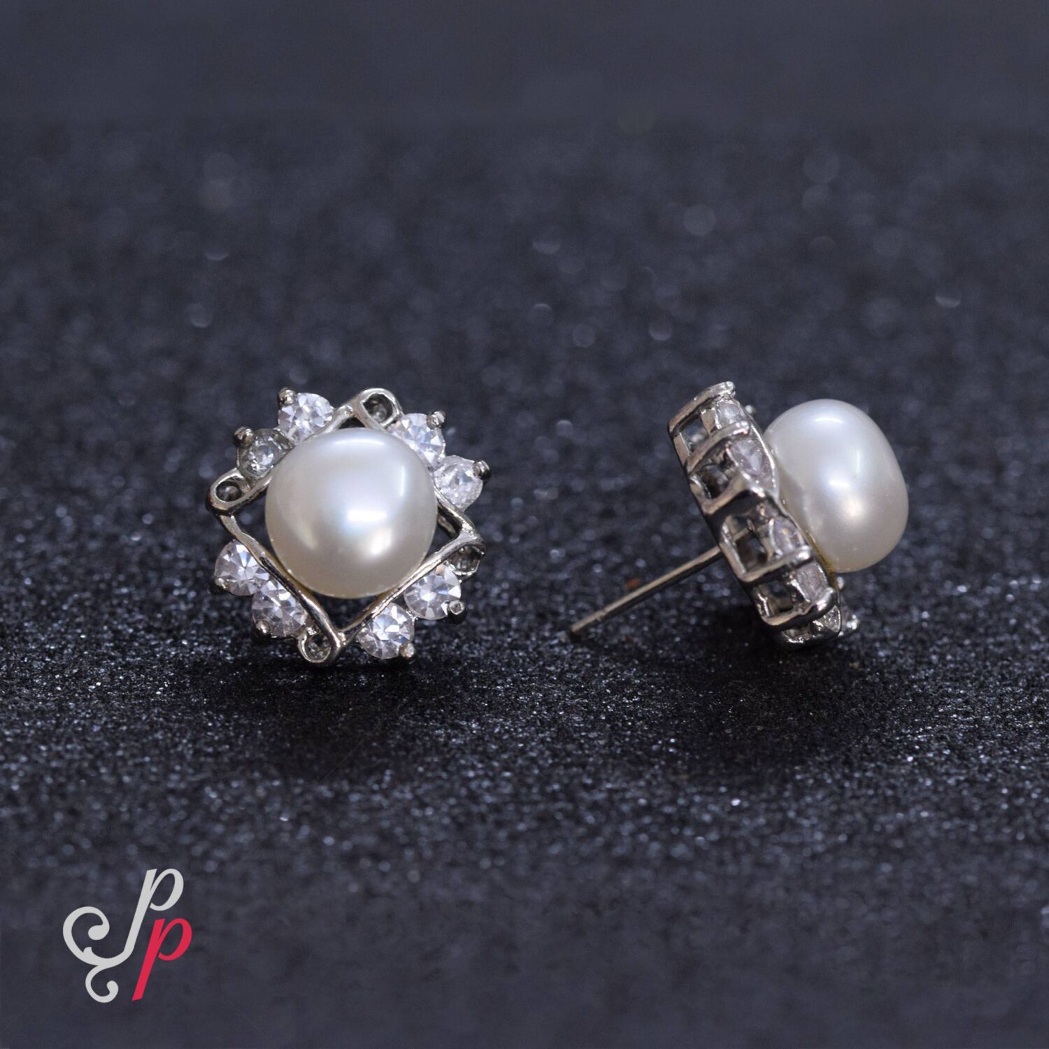 White pearl Studs with Beautiful American Diamonds - Image 2