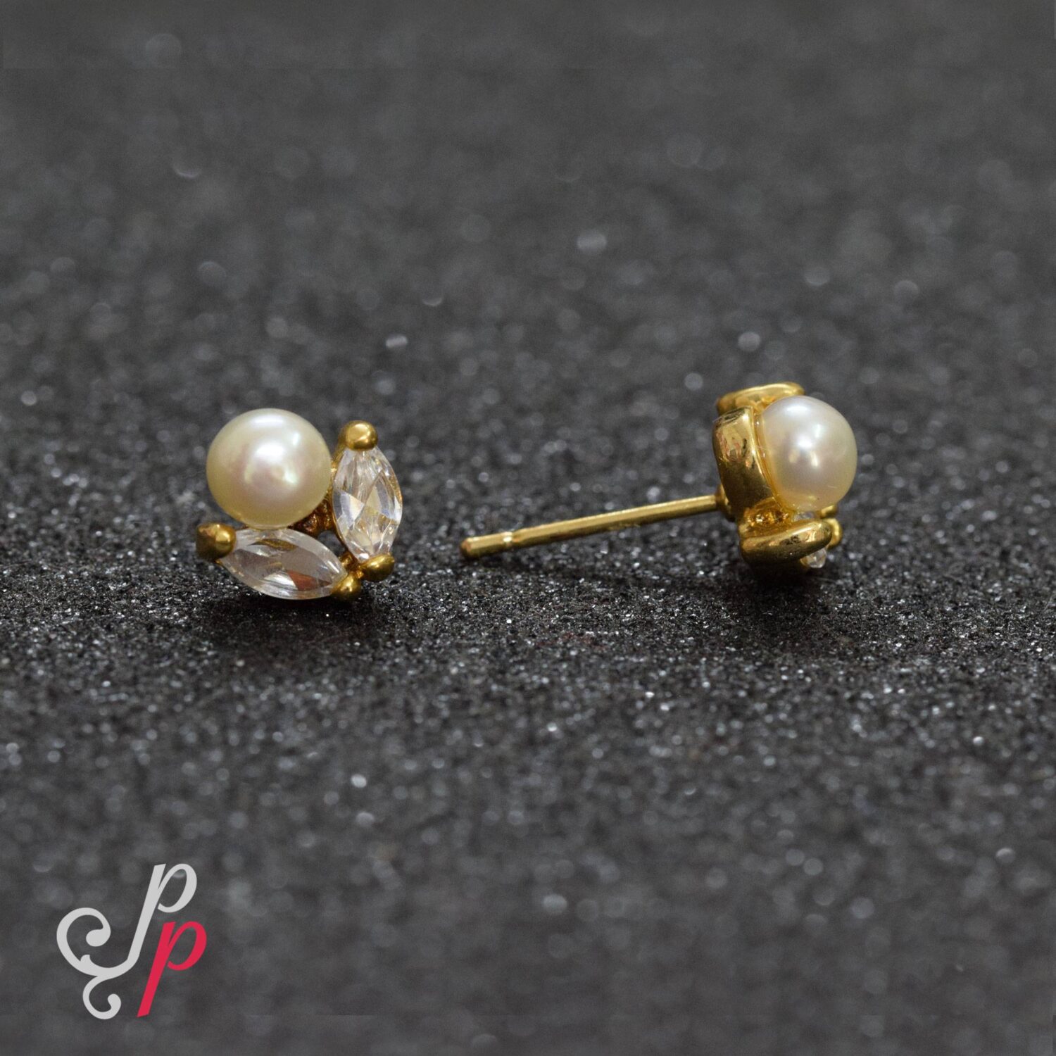 Cute Pearl Studs in leaf like Zircon Stones - Image 3