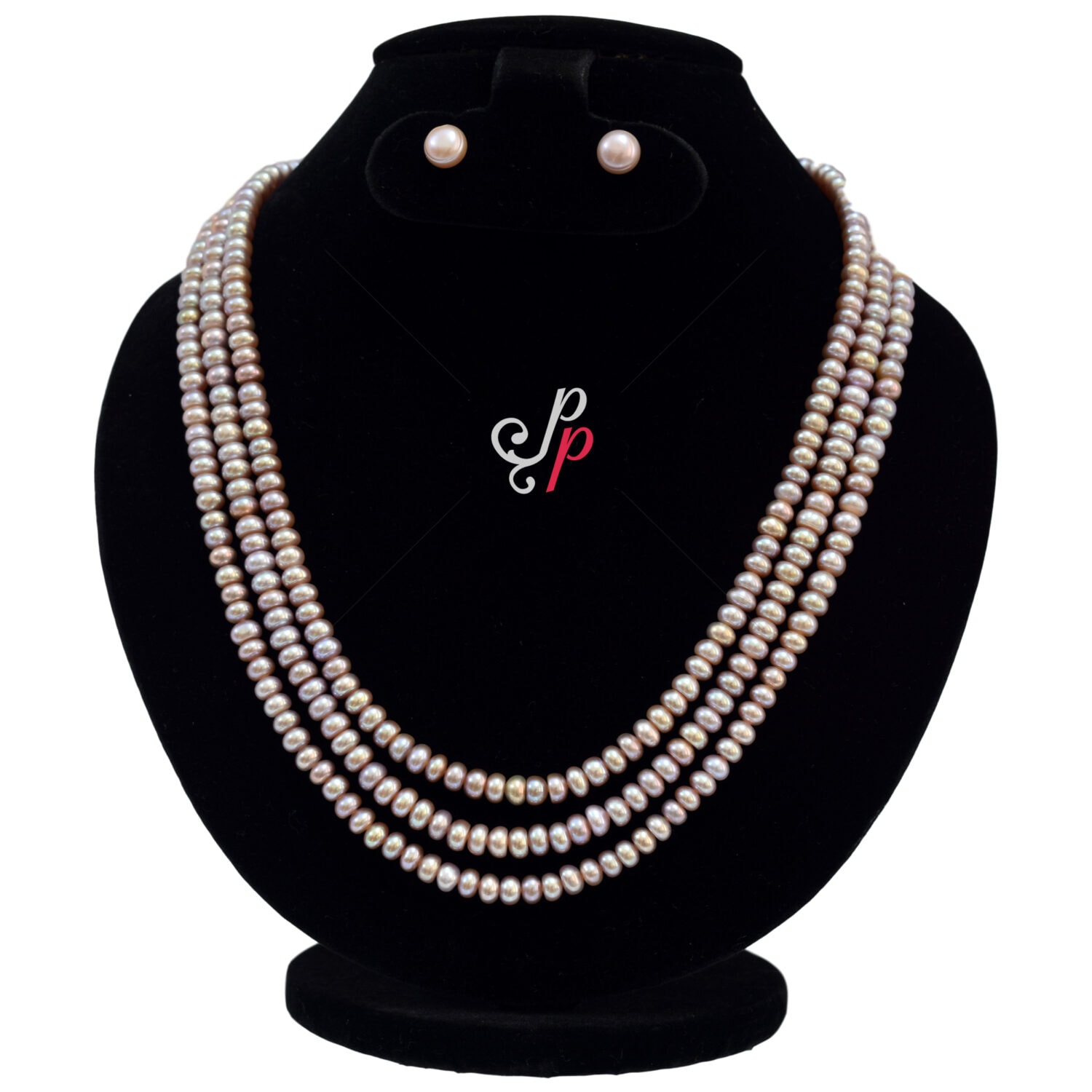 3 Lines Dark Pink Pearl Necklace Set in 5mm Half Round Pearls - Image 2