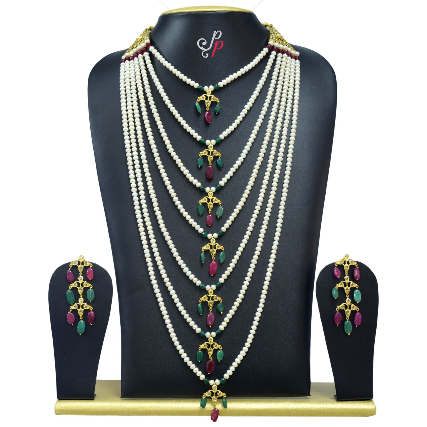 Full Nizam bridal set - 7 Step Pearl Set and Choker in Semi Precious Emeralds and Rubies - Image 3