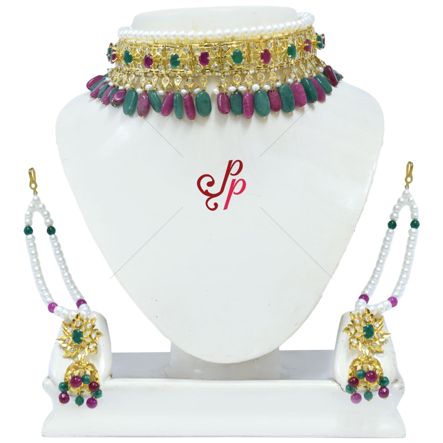 Full Nizam bridal set - 7 Step Pearl Set and Choker in Semi Precious Emeralds and Rubies - Image 4