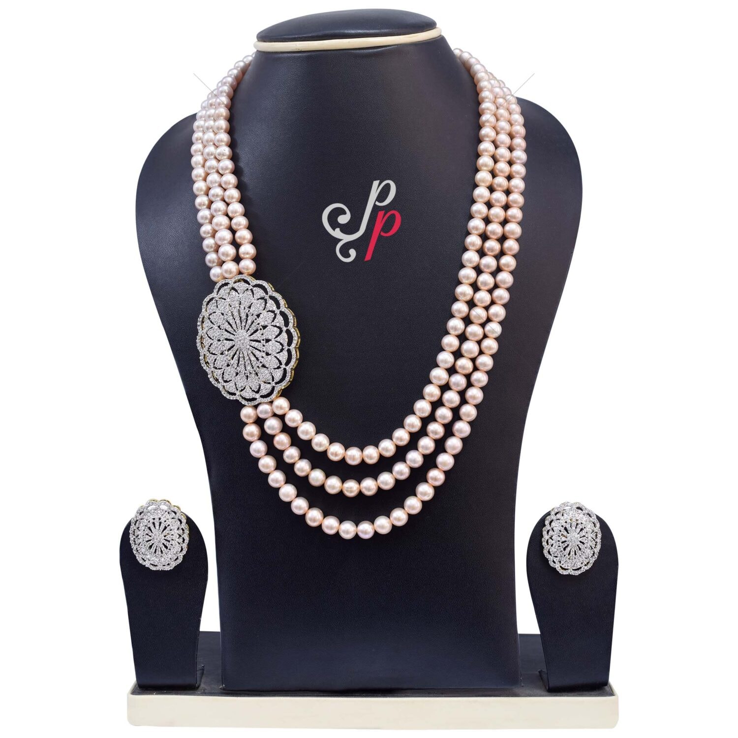 Stunning 3 Lines Soft Pink Round Pearls Set With Large CZ Side Pendant