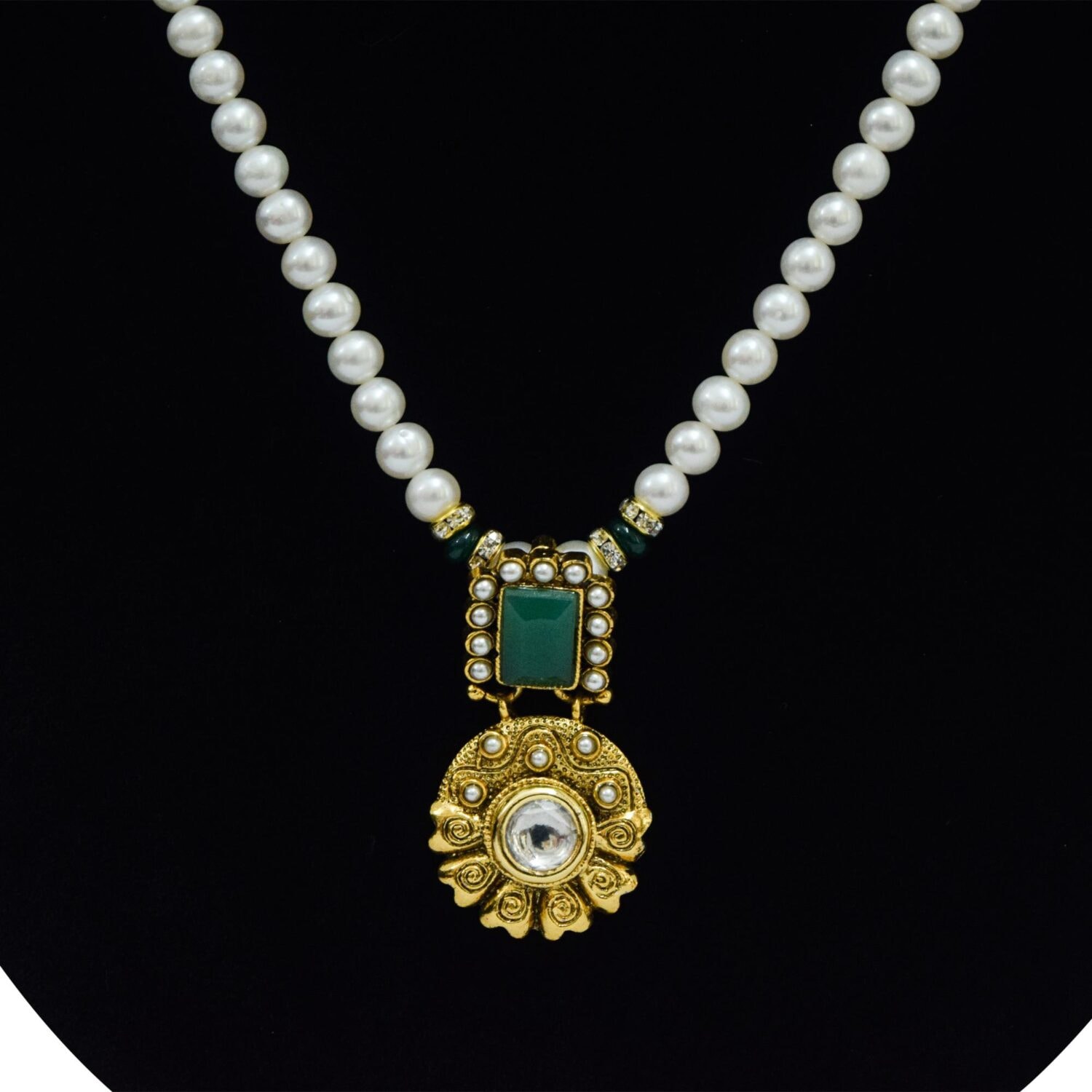 Traditional Indian Polki Style - Pearl Set in Emerald Pendant Set - Image 3