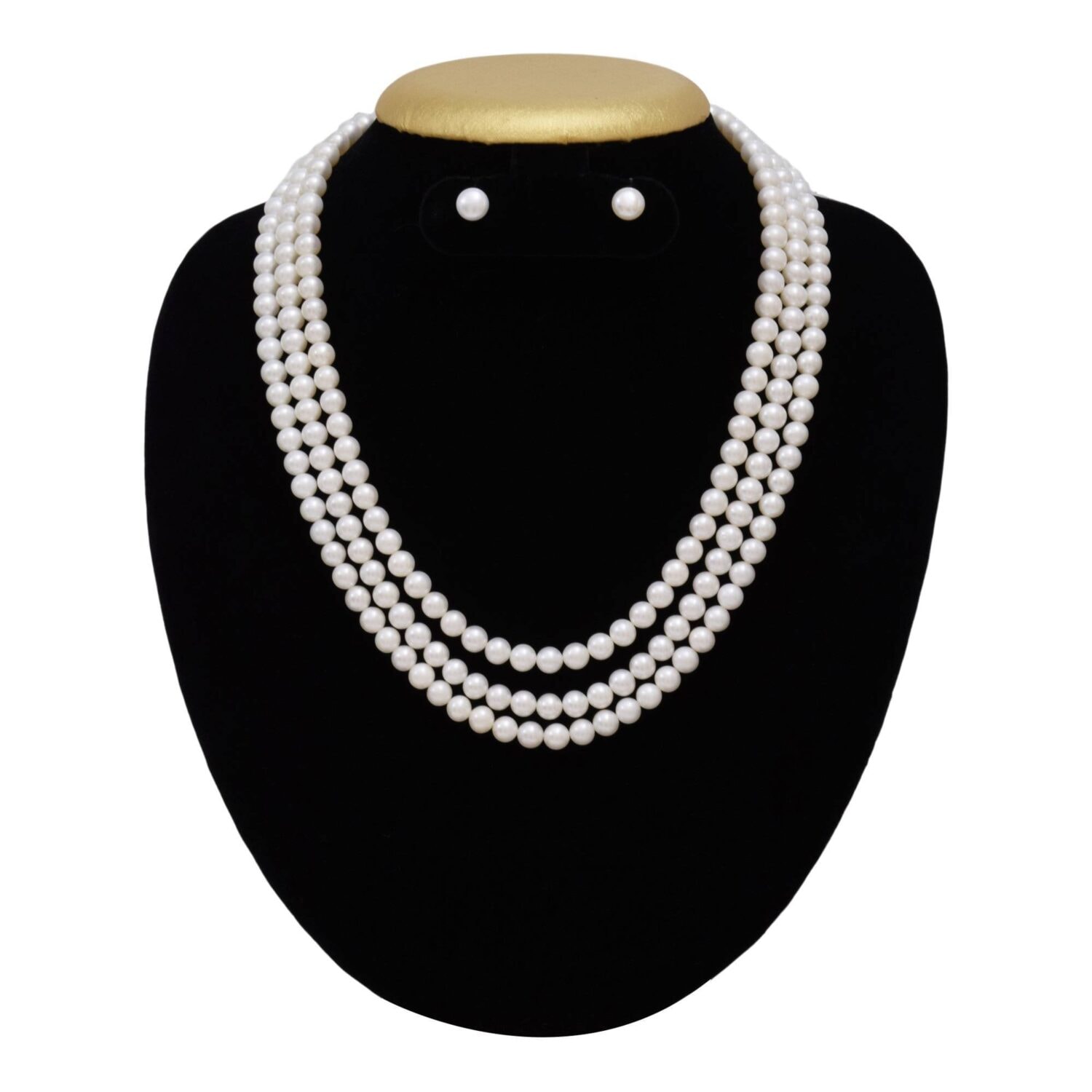 3 Lines White Pearl Necklace Set in 6mm Round Pearls