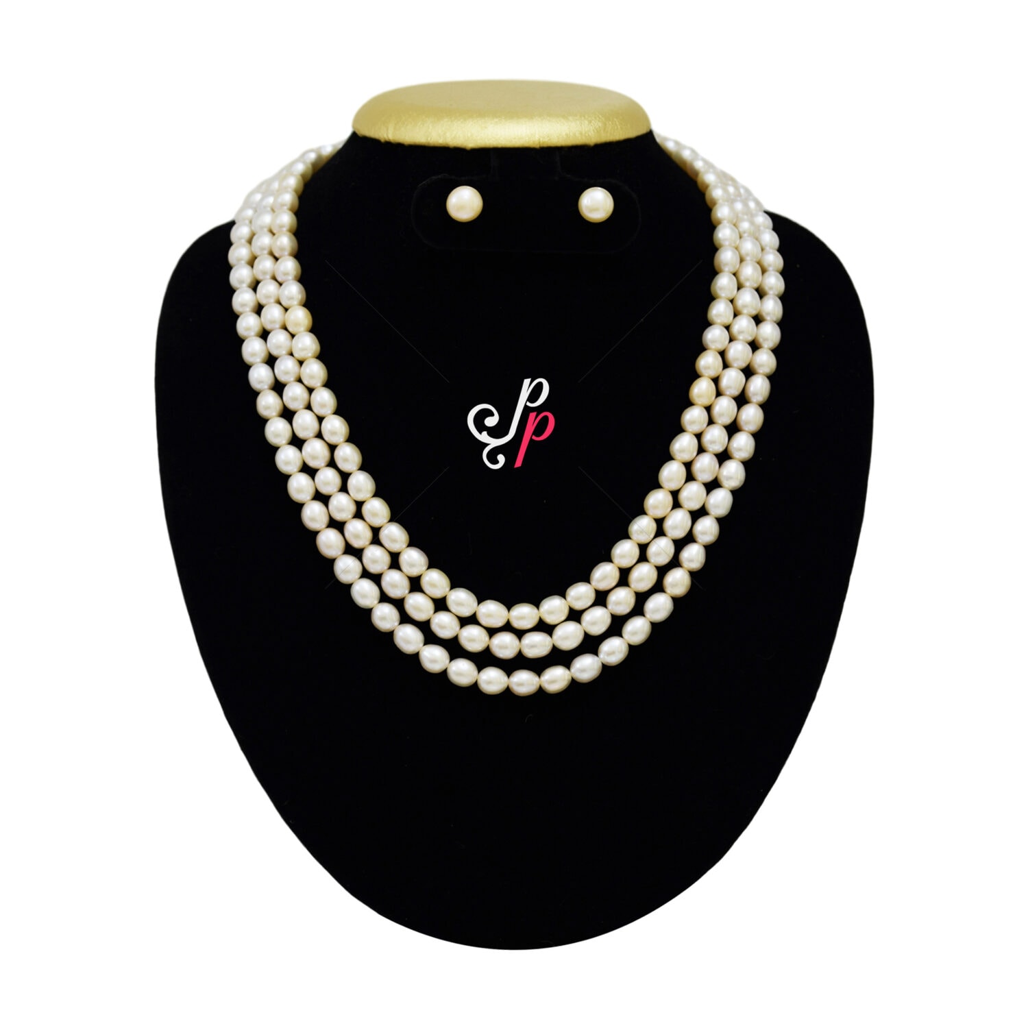 3 Strands Pink Pearl Set in 7mm long Oval Pearls from Hyderabad