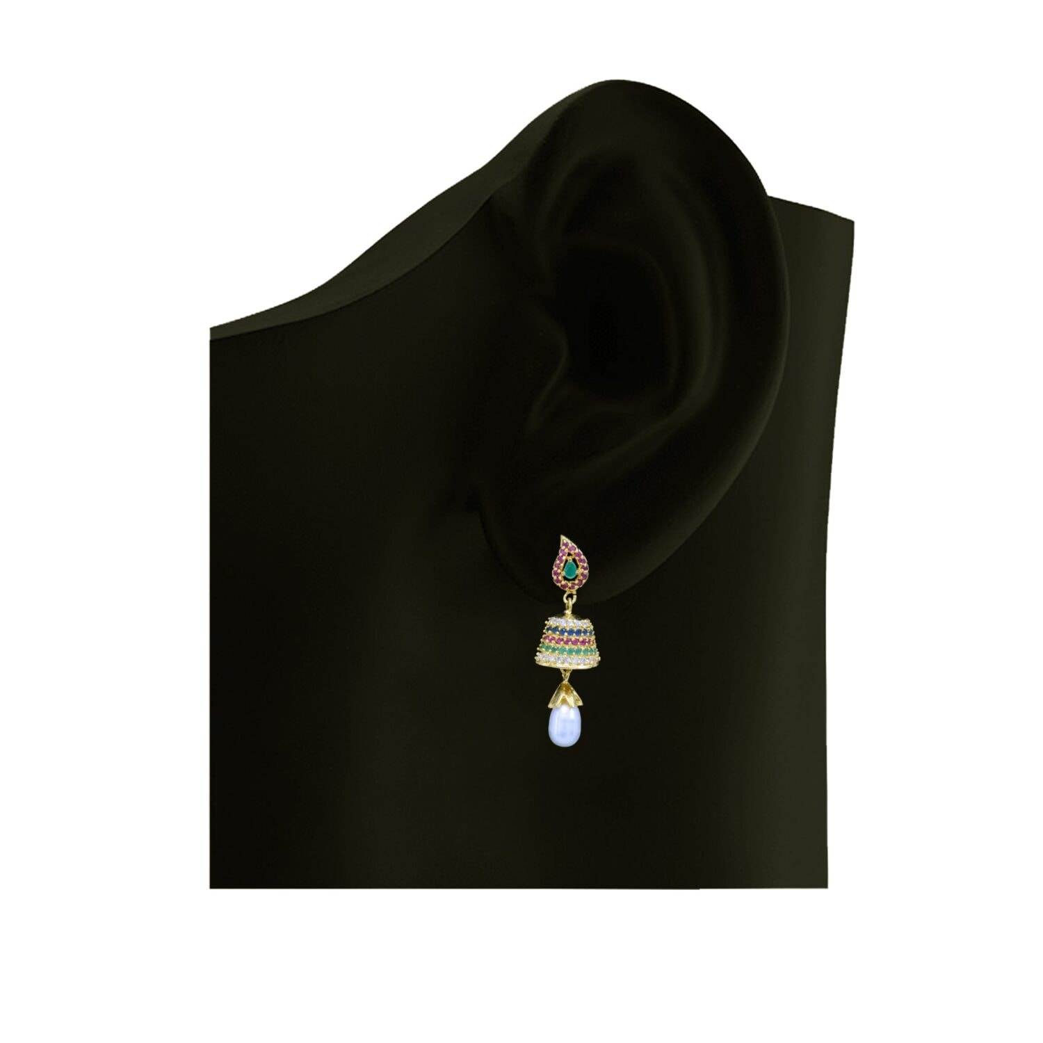 Beautiful Pearl Jhumkas in Rubies, Emeralds and American Diamonds - Style 1 - Image 3