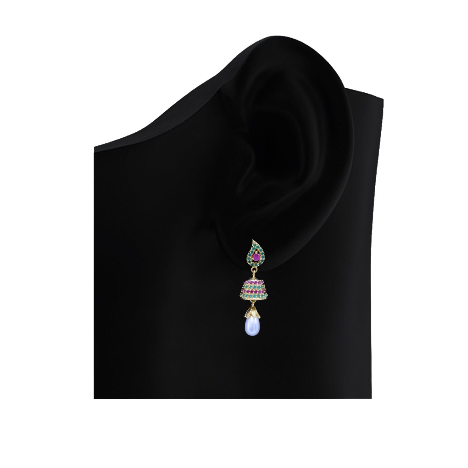 Beautiful Pearl Jhumkas in Rubies, Emeralds and American Diamonds - Style 2 - Image 2