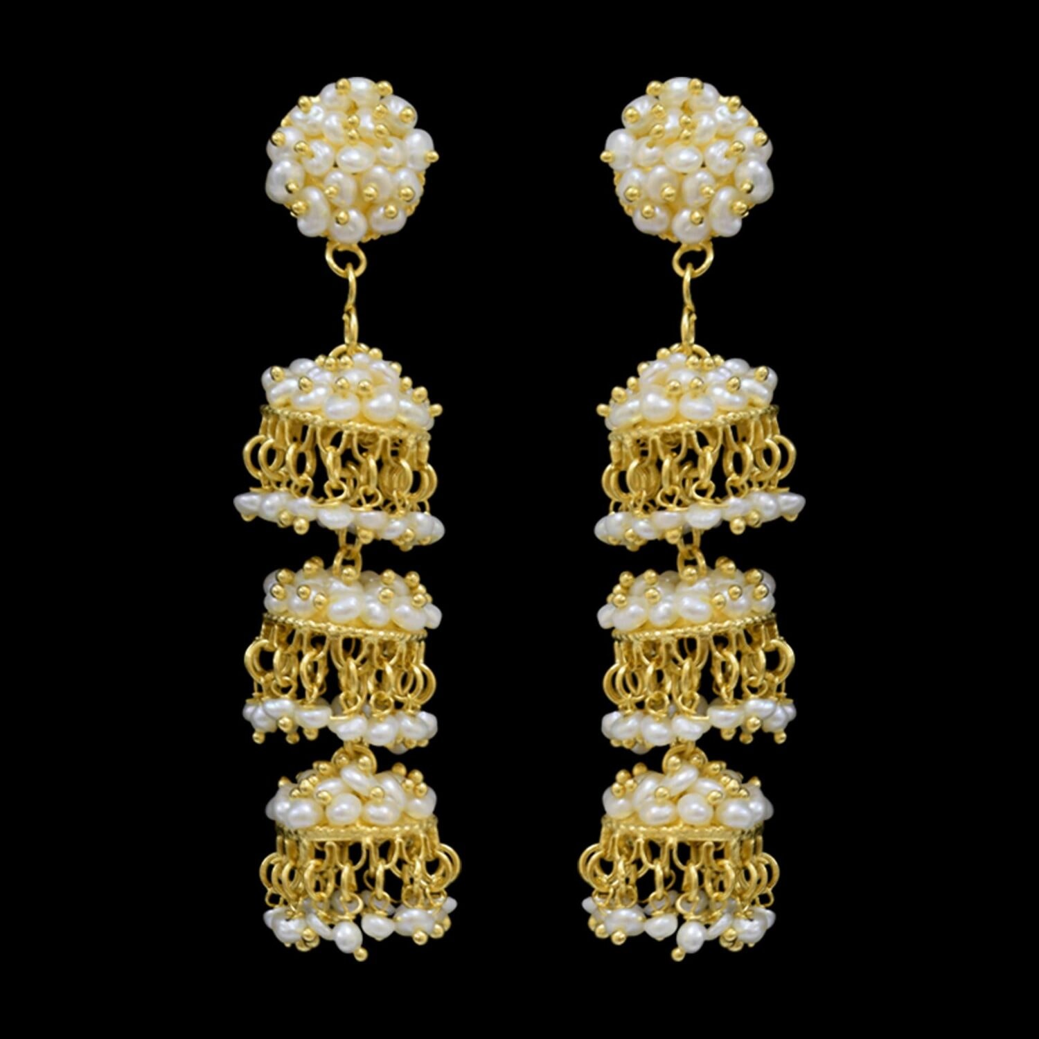 Triple decked seed pearl jhumkas