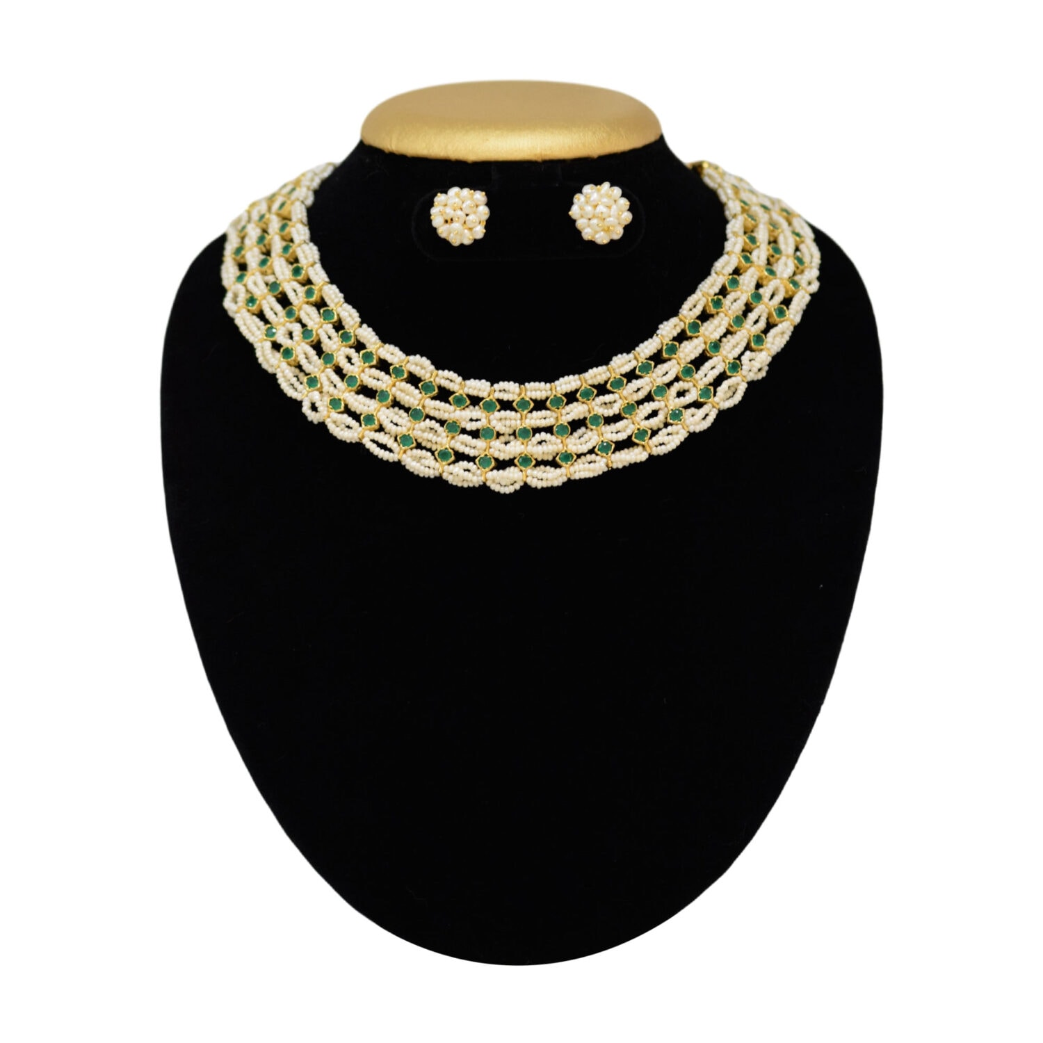 Broad Pearl Choker in Tiniest White Seed Pearls and SP Emeralds - Image 3
