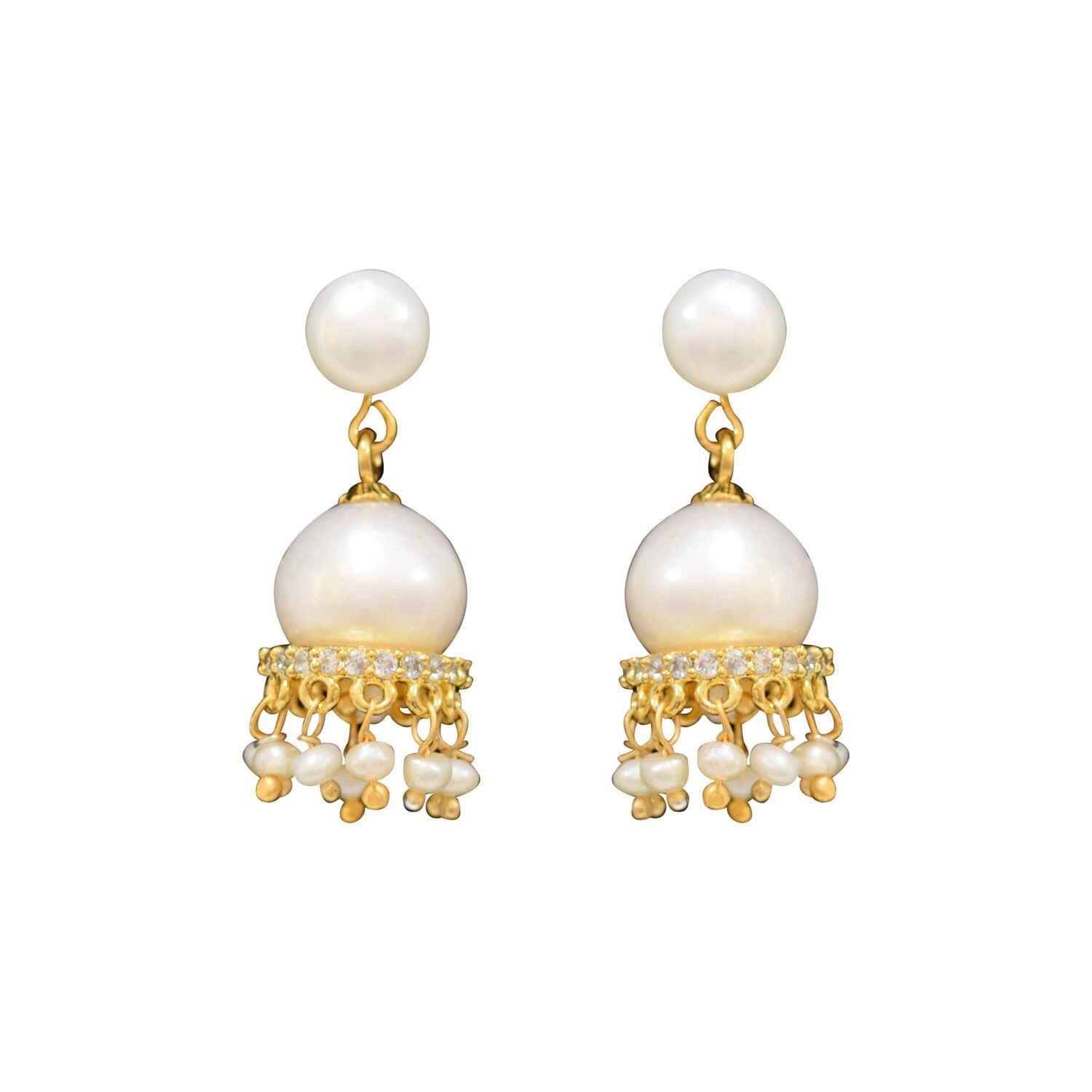 Traditional and Stylish Pearl Drop Hangings - with American Diamonds - Image 2