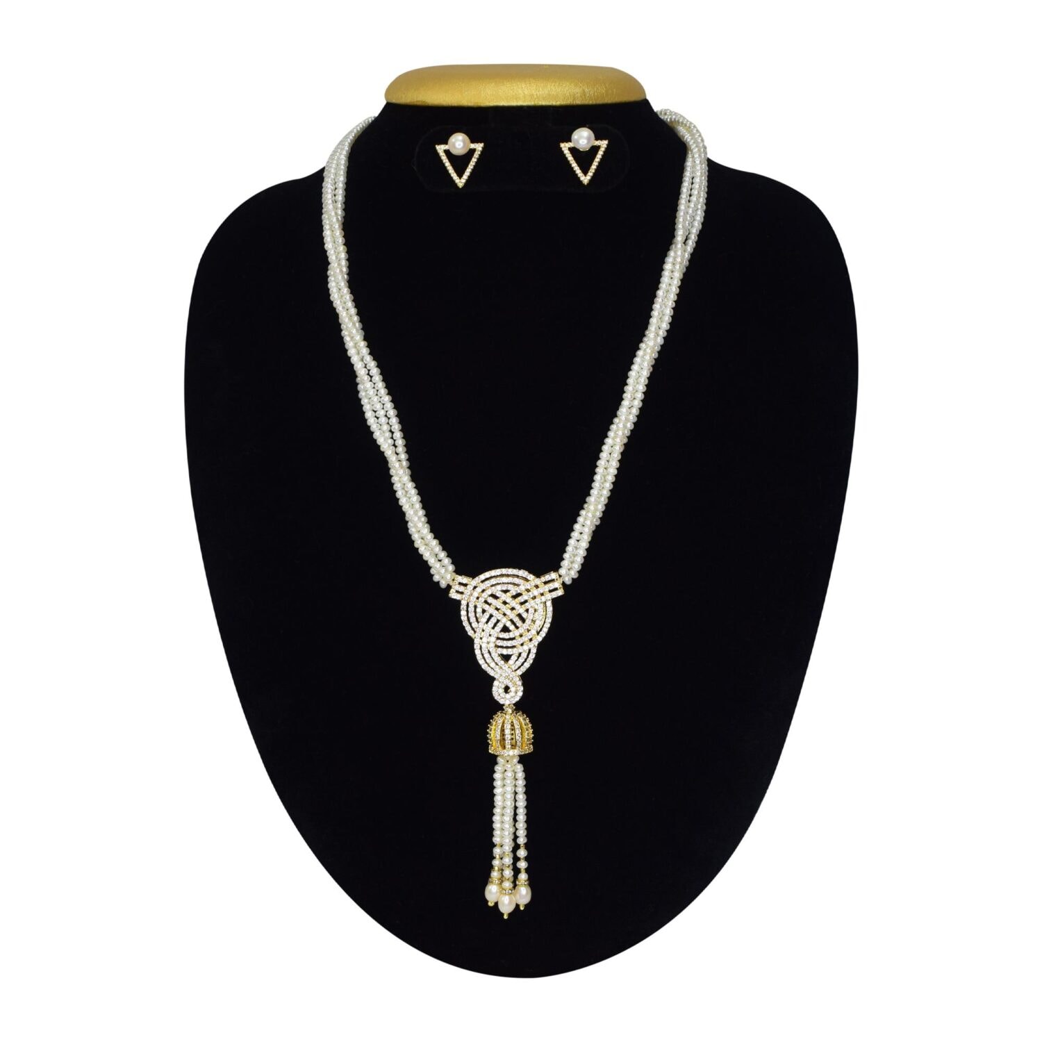 Alluring 3 Lines Luxury Pearl Necklace with Weave Pattern AD Pendant