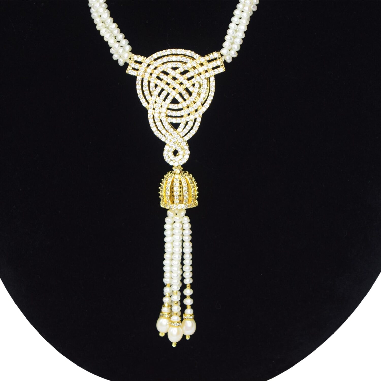 Alluring 3 Lines Luxury Pearl Necklace with Weave Pattern AD Pendant - Image 2