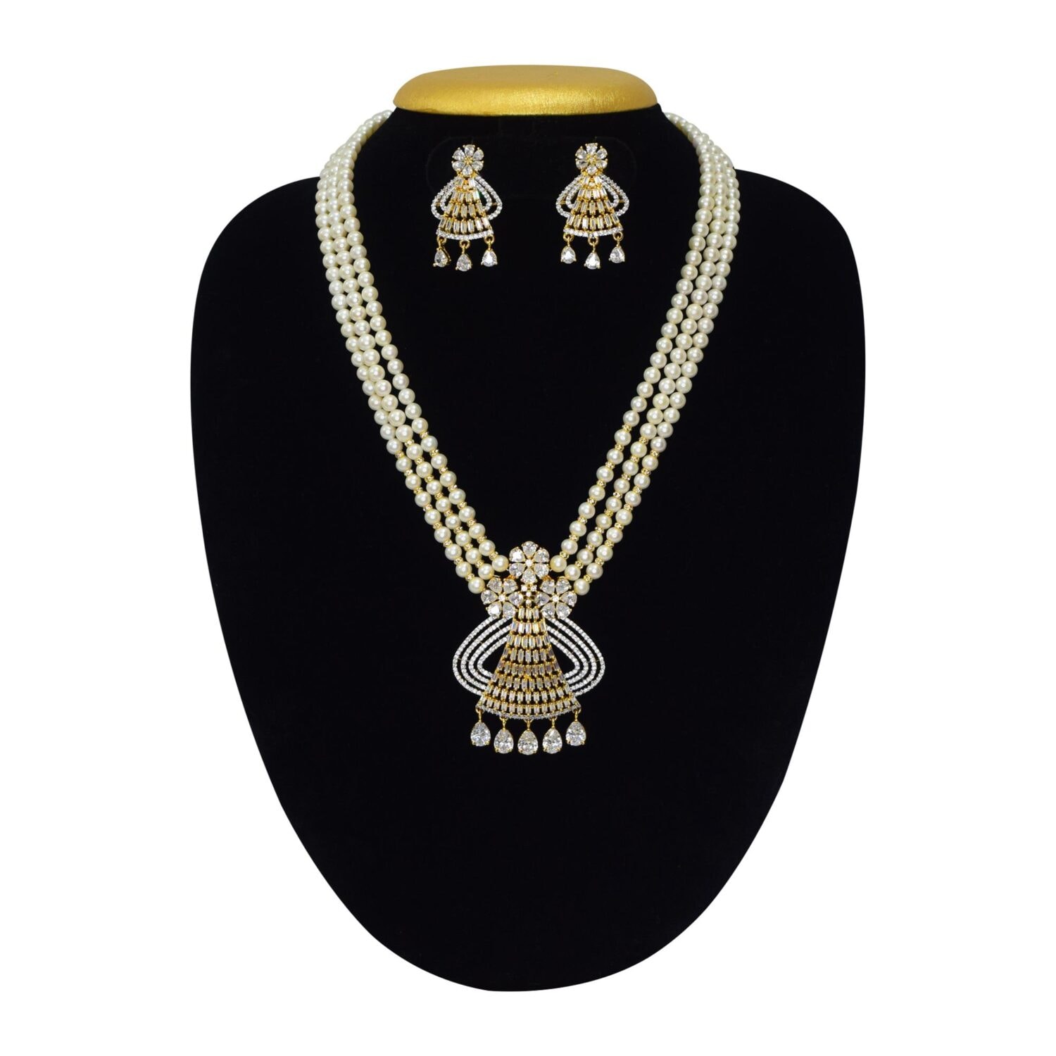 Classy 3 Lines Pearl Necklace with a Crystalline Pendant