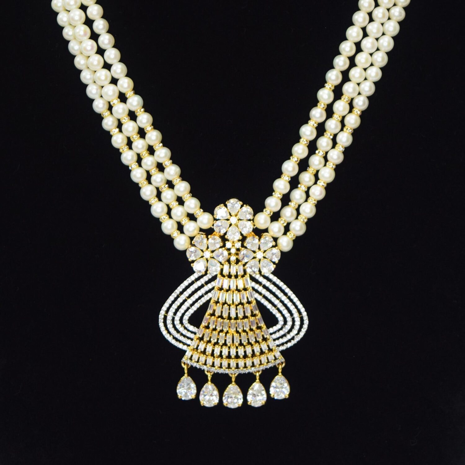 Classy 3 Lines Pearl Necklace with a Crystalline Pendant - Image 2