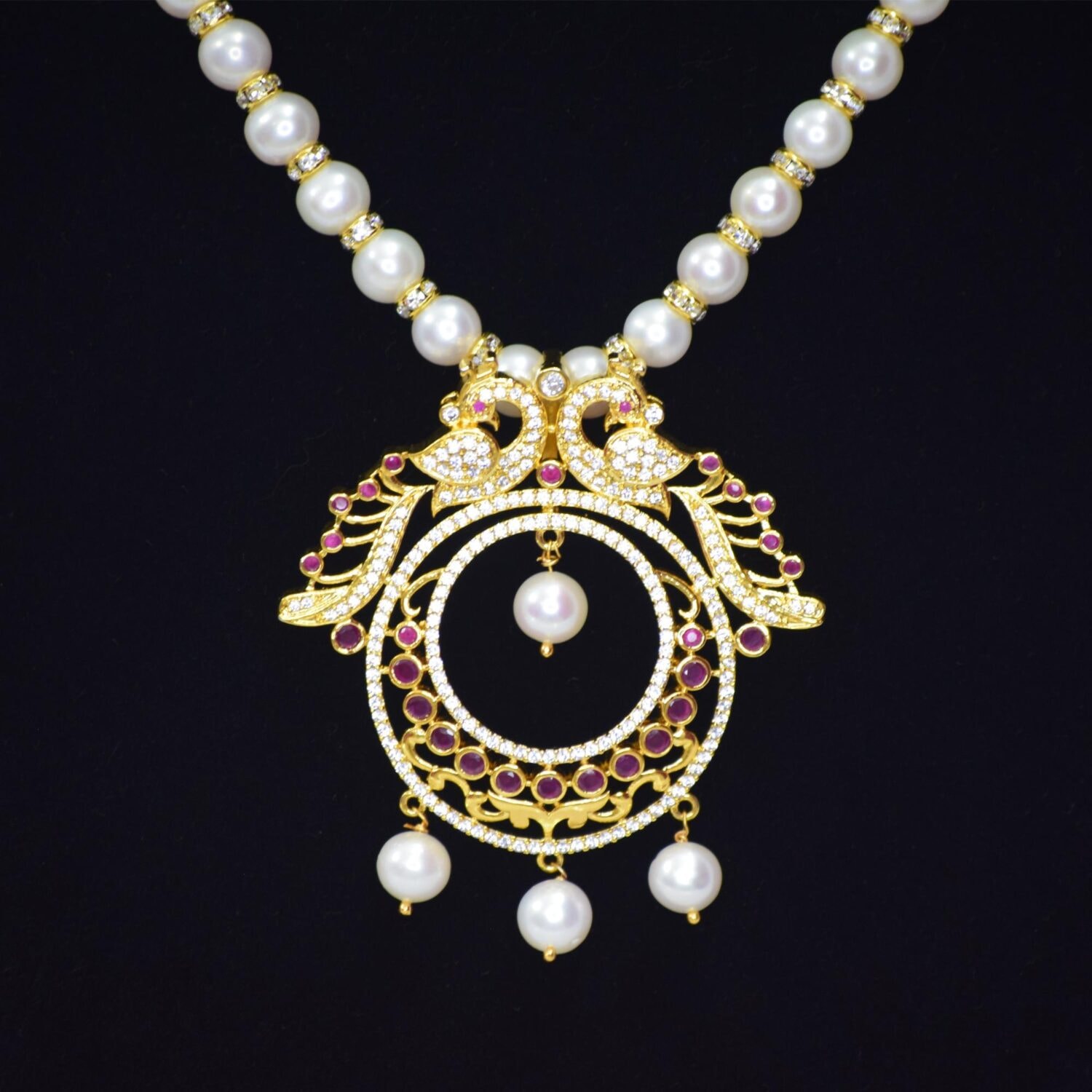 Bold White Pearl Necklace With A Striking Peacock Pendant - Image 2