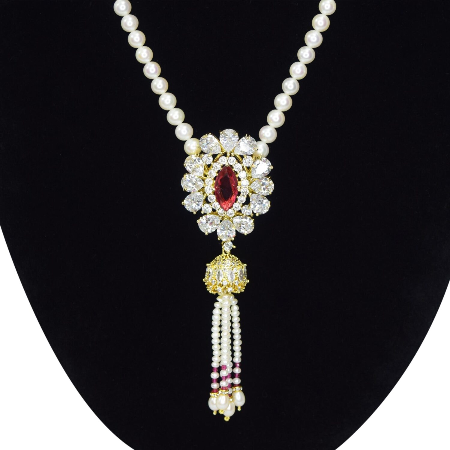 Glamorous White Pearl Necklace with AD and SP Ruby Pendant - Image 2