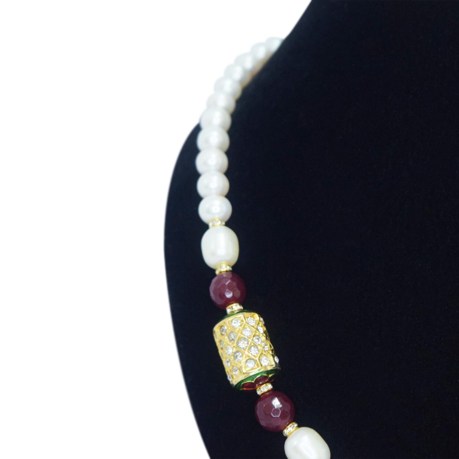 Luminous White Round Pearl Necklace With Side Meenakari Dholak Pendant - Image 2