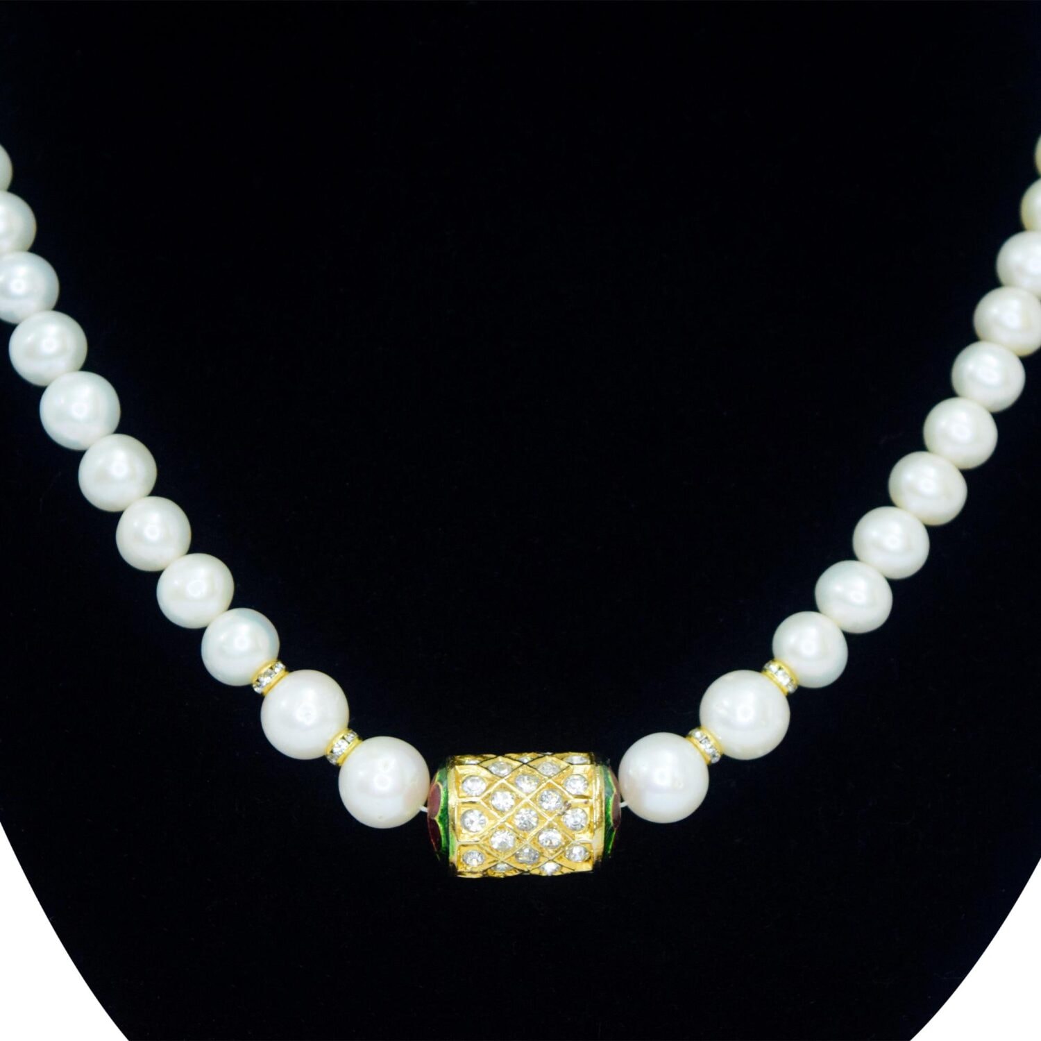 Gorgeous White Round Pearl Necklace With Meenakari Dholak Pendant - Image 2