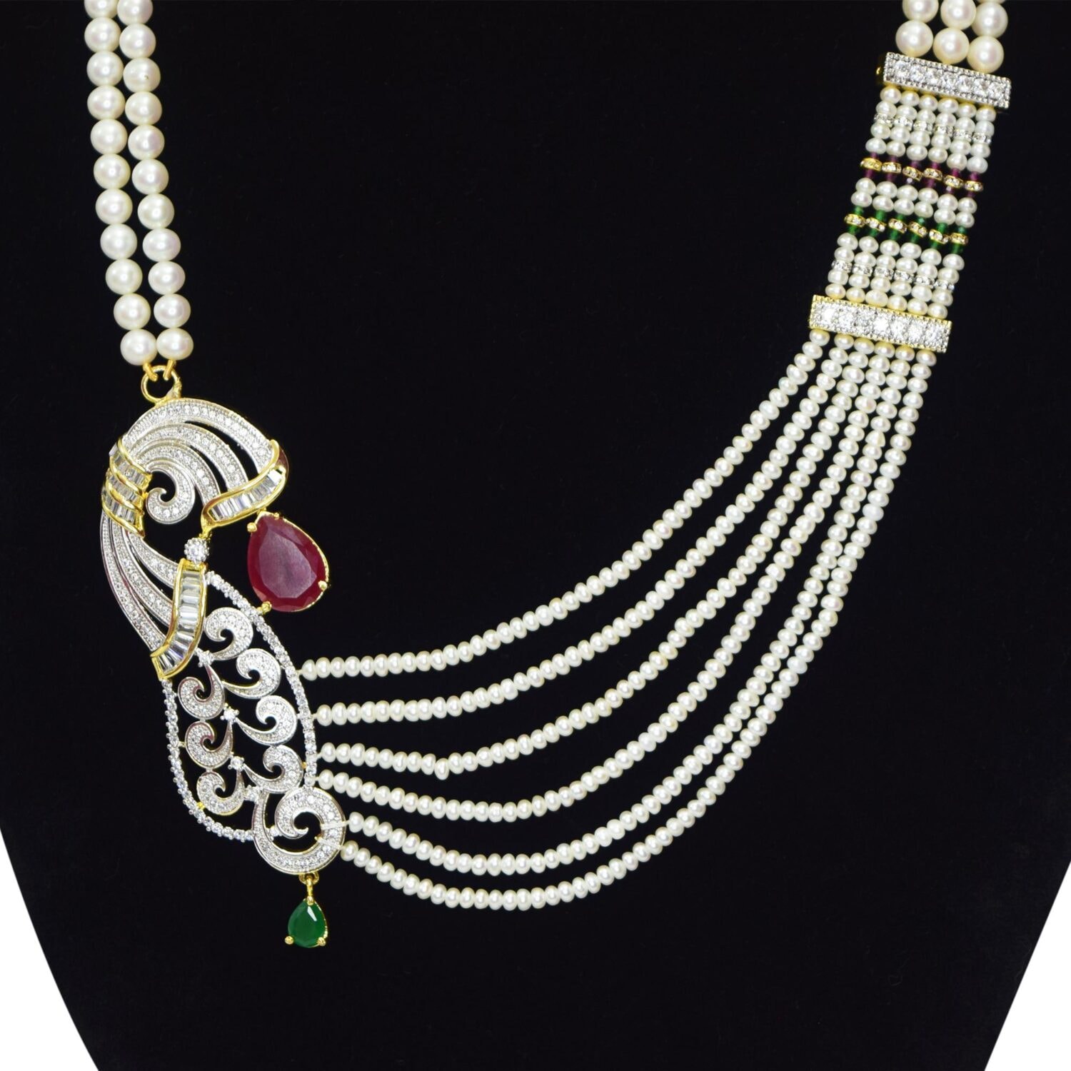 Bold & Beautiful White Multi-Layer Pearl Necklace Set With Side Brooch - Image 2