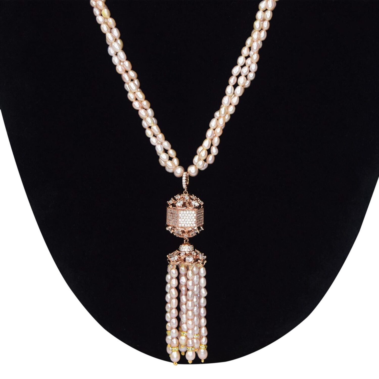 Pink Multi-Layer Oval Pearl Necklace With Zircon Pendant & Pearl Tassel - Image 2