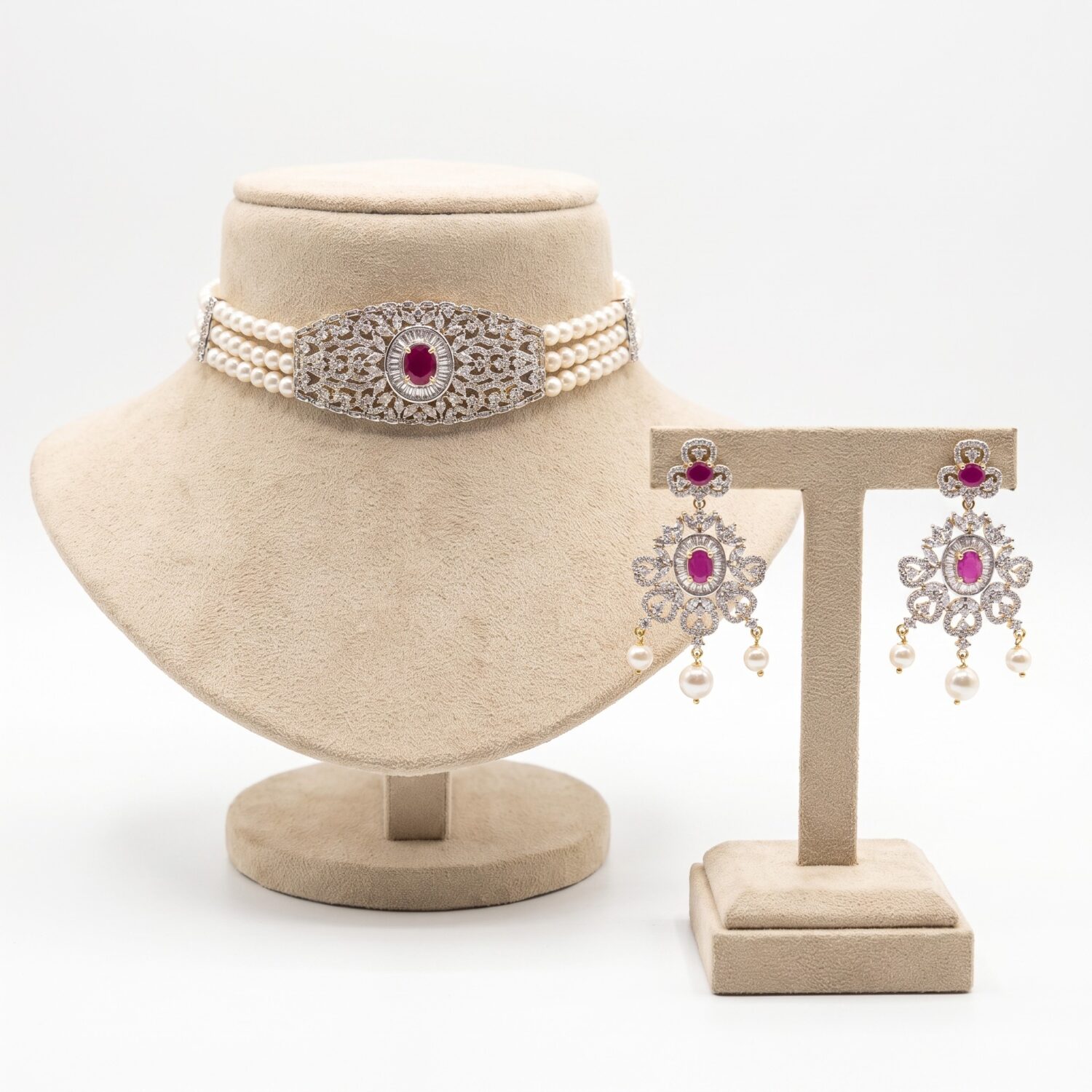 Sparkling Triple Line Pearls Choker With SP Ruby Zircon Pendant