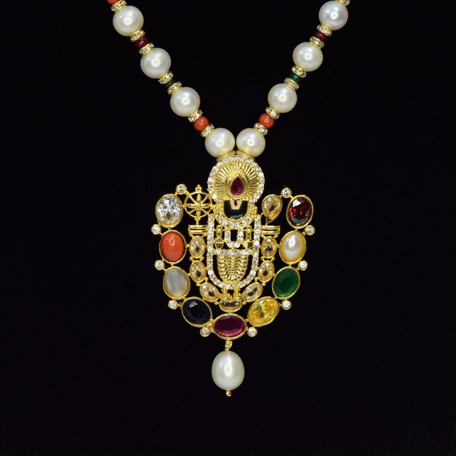 Rich White Pearls Mala With Navaratna Lord Balaji Pendant - Image 2