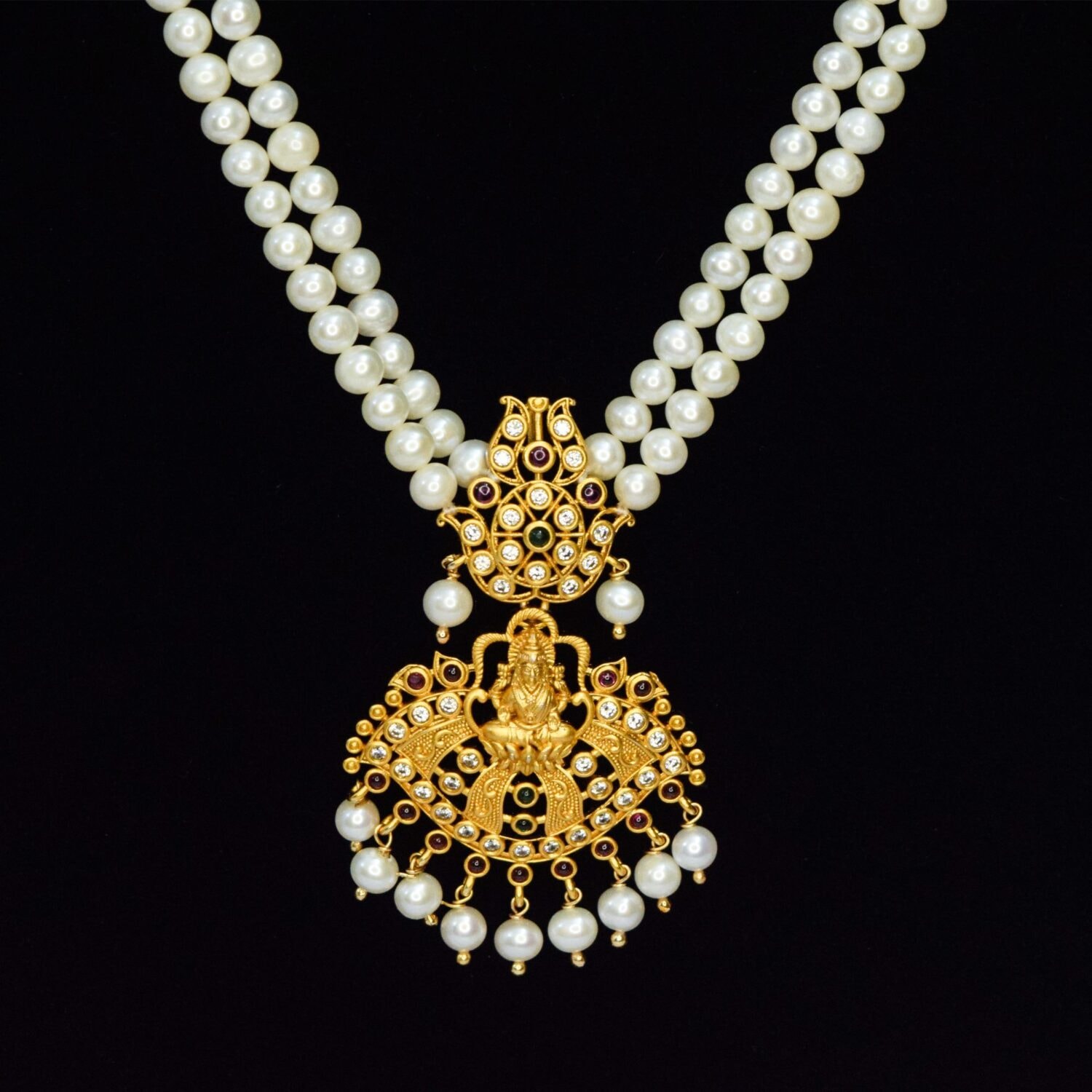Elegant Dual-strand White Pearls Mala With Traditional Lakshmi Pendant - Image 2