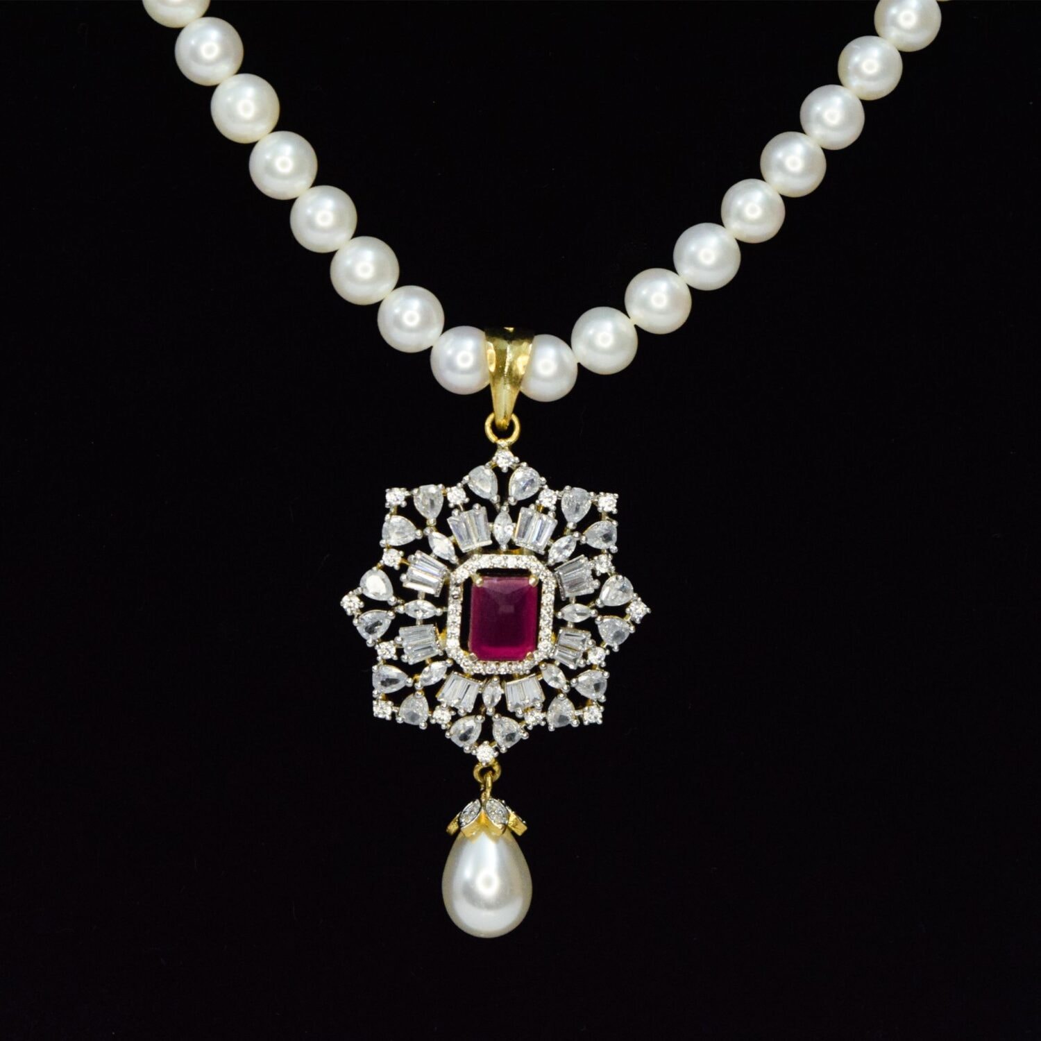 Dazzling White Pearls Necklace With Zircon Pendant & SP Ruby - Image 2