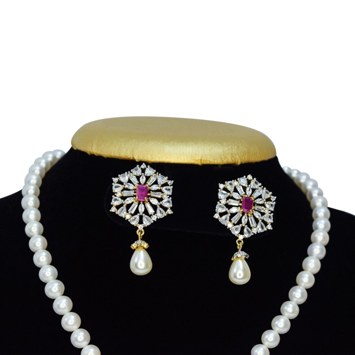 Dazzling White Pearls Necklace With Zircon Pendant & SP Ruby - Image 3