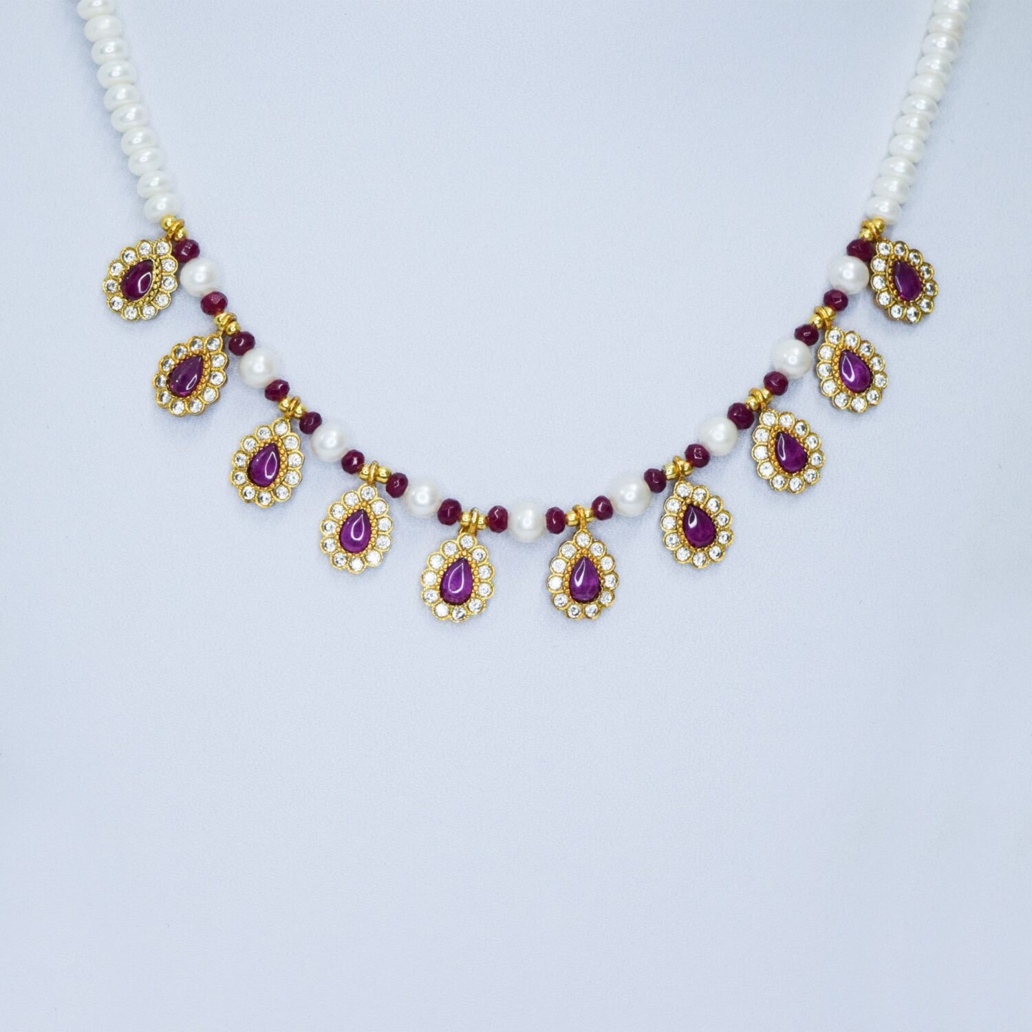 Resplendent White Pearls Necklace With SP Ruby Pendants - Image 2