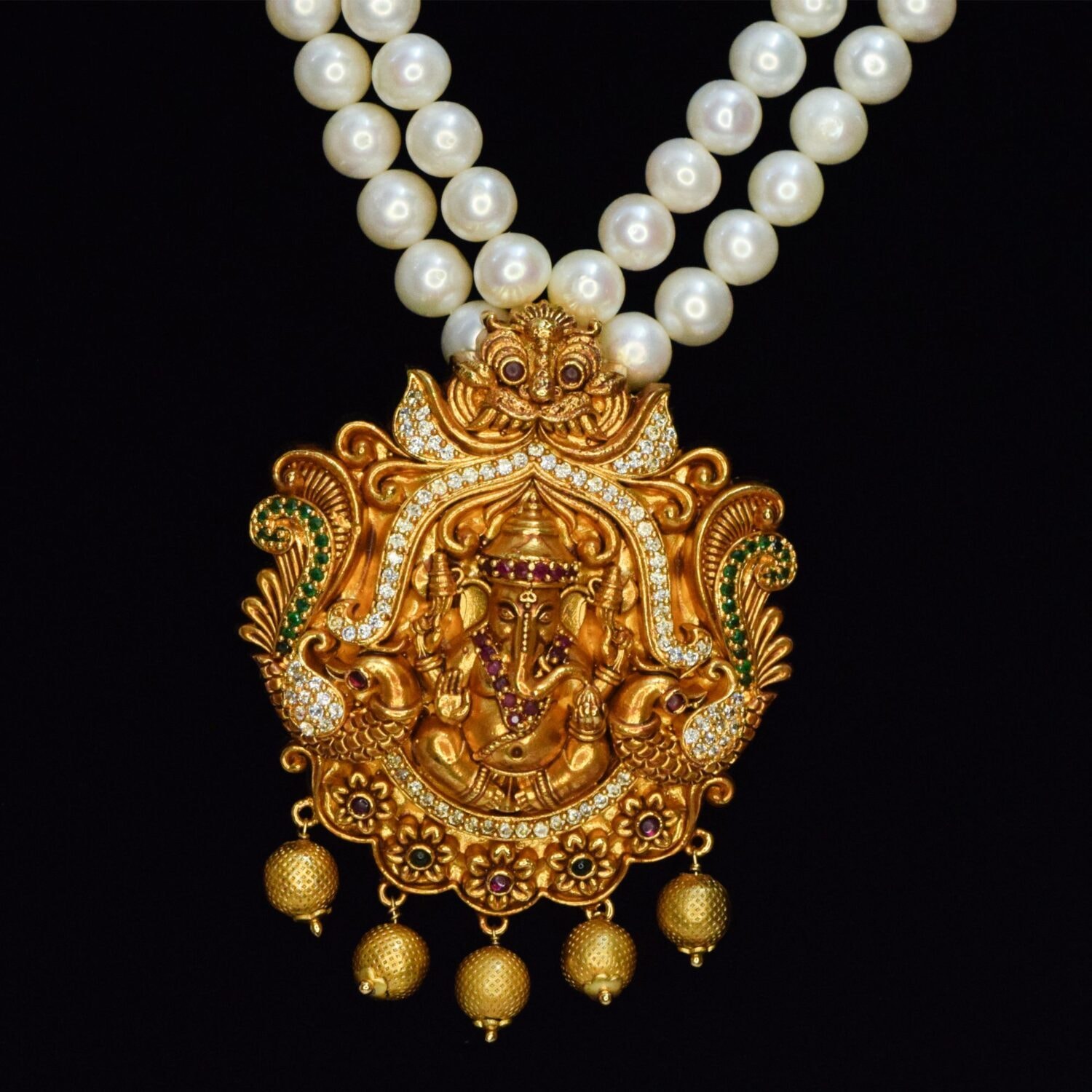 Marvellous Two-row White Pearls Mala With Lord Ganesha Pendant - Image 2