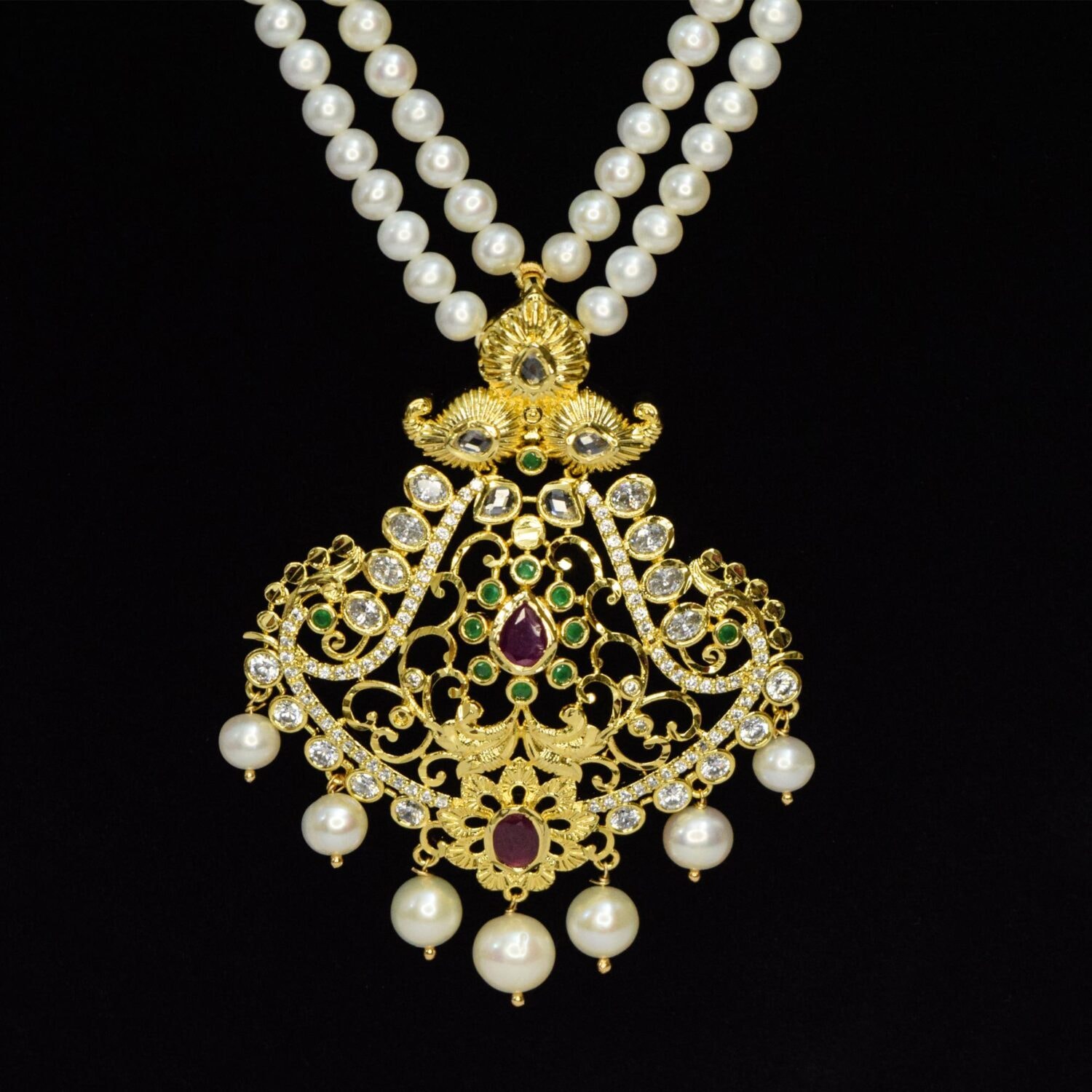 Grand Dual Row White Pearl Necklace With Traditional Pendant - Image 2