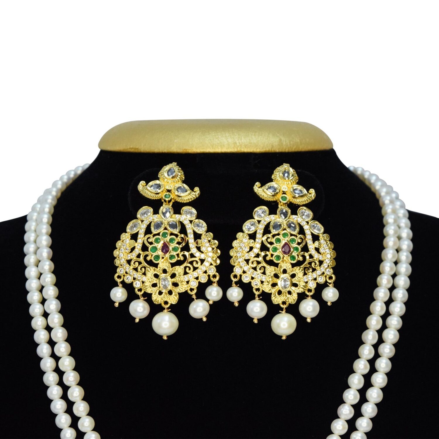 Grand Dual Row White Pearl Necklace With Traditional Pendant - Image 3