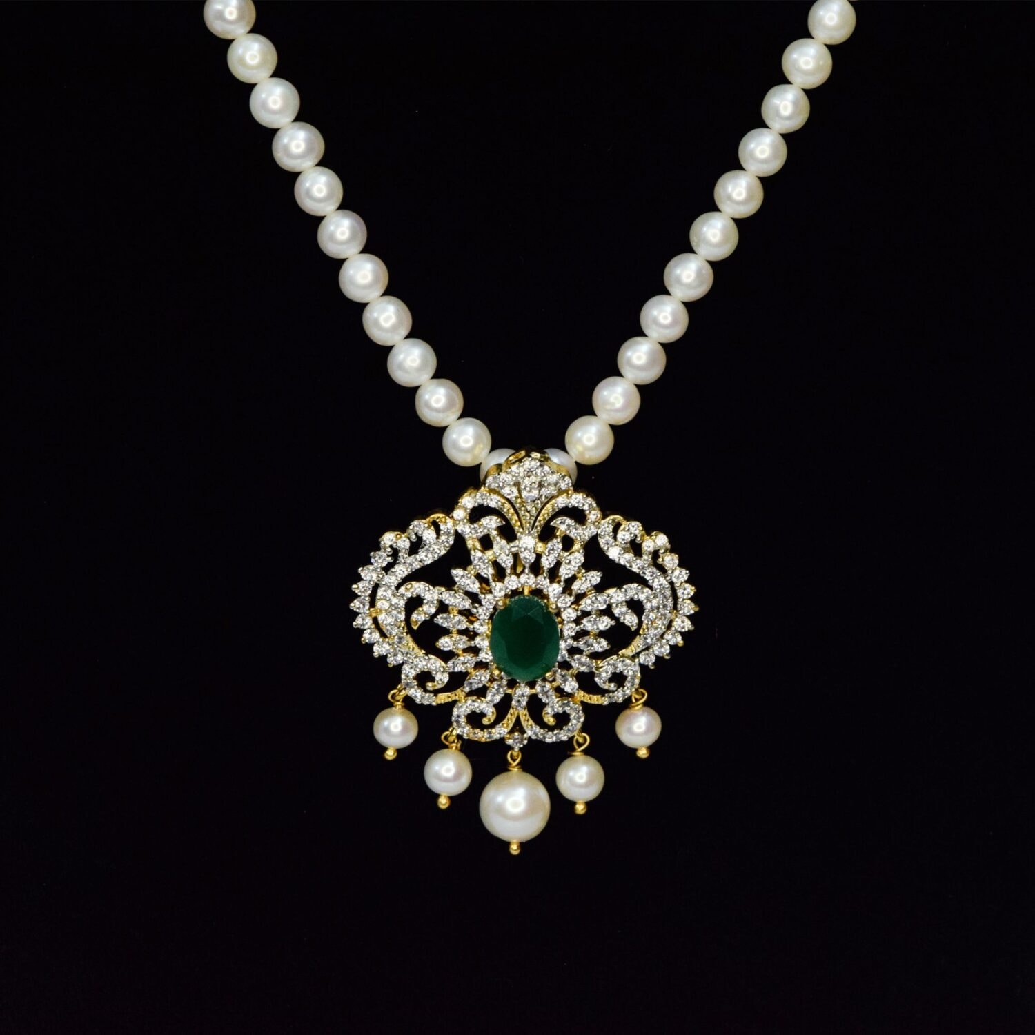 Dazzling Long White Pearls Mala With CZ Peacock Pendant - Image 3