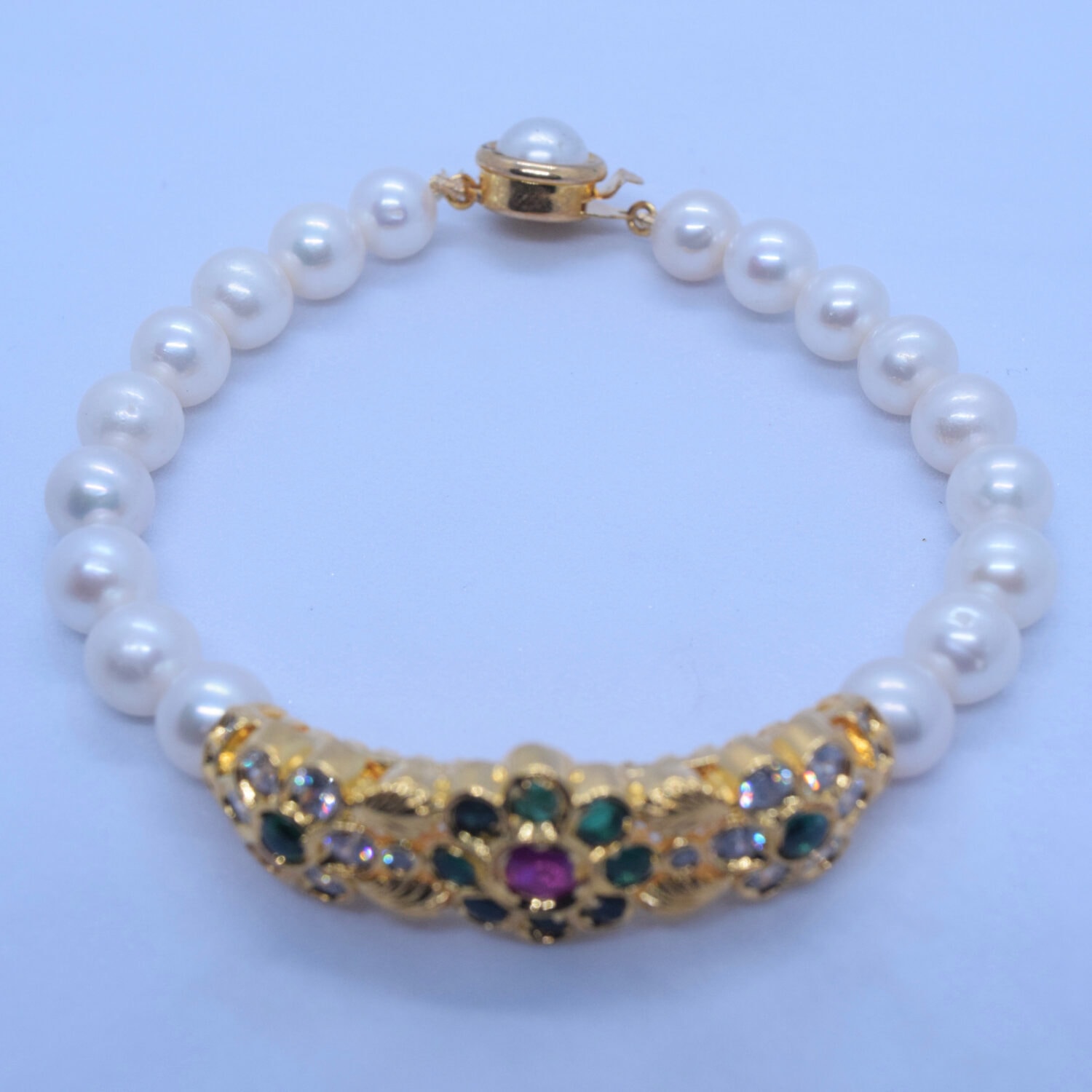 Timeless White Pearls Kada With Green Kemp Stones Clasp - Image 3