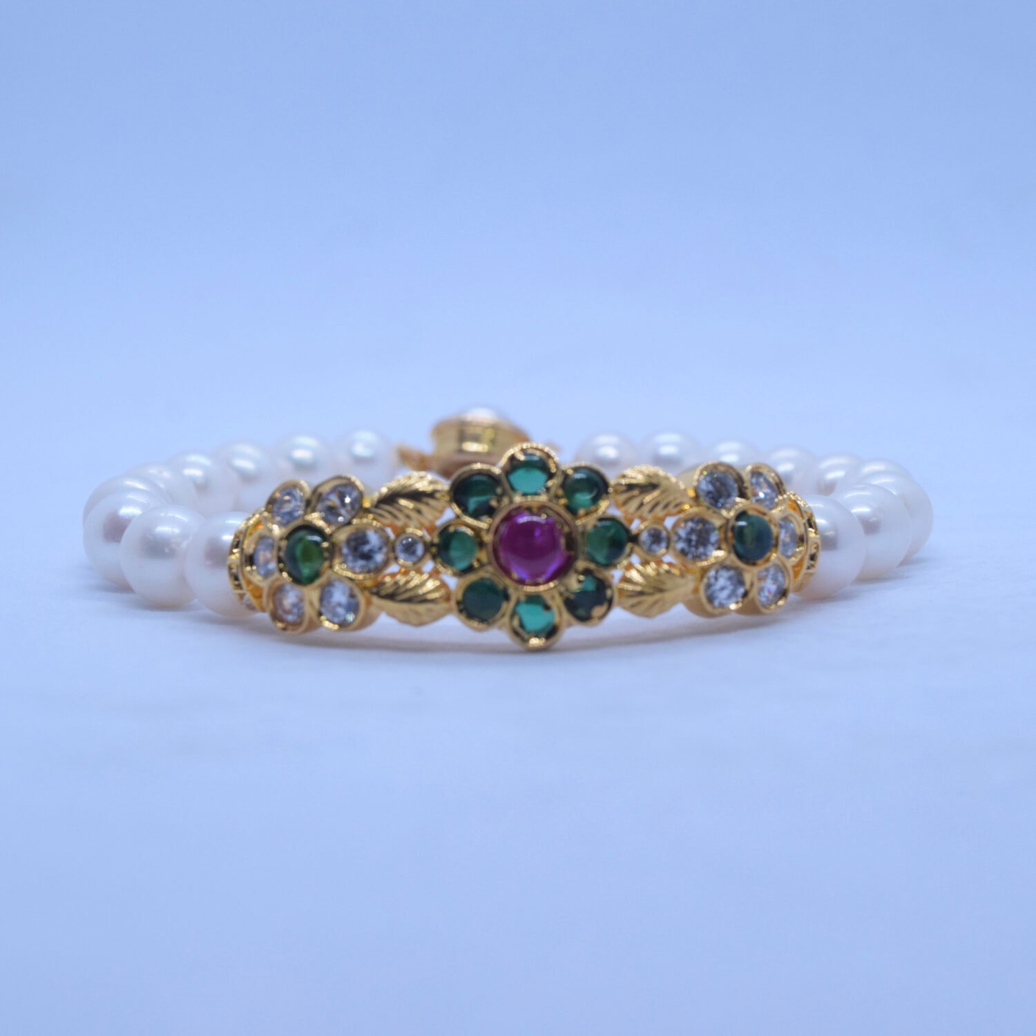 Timeless White Pearls Kada With Green Kemp Stones Clasp - Image 2