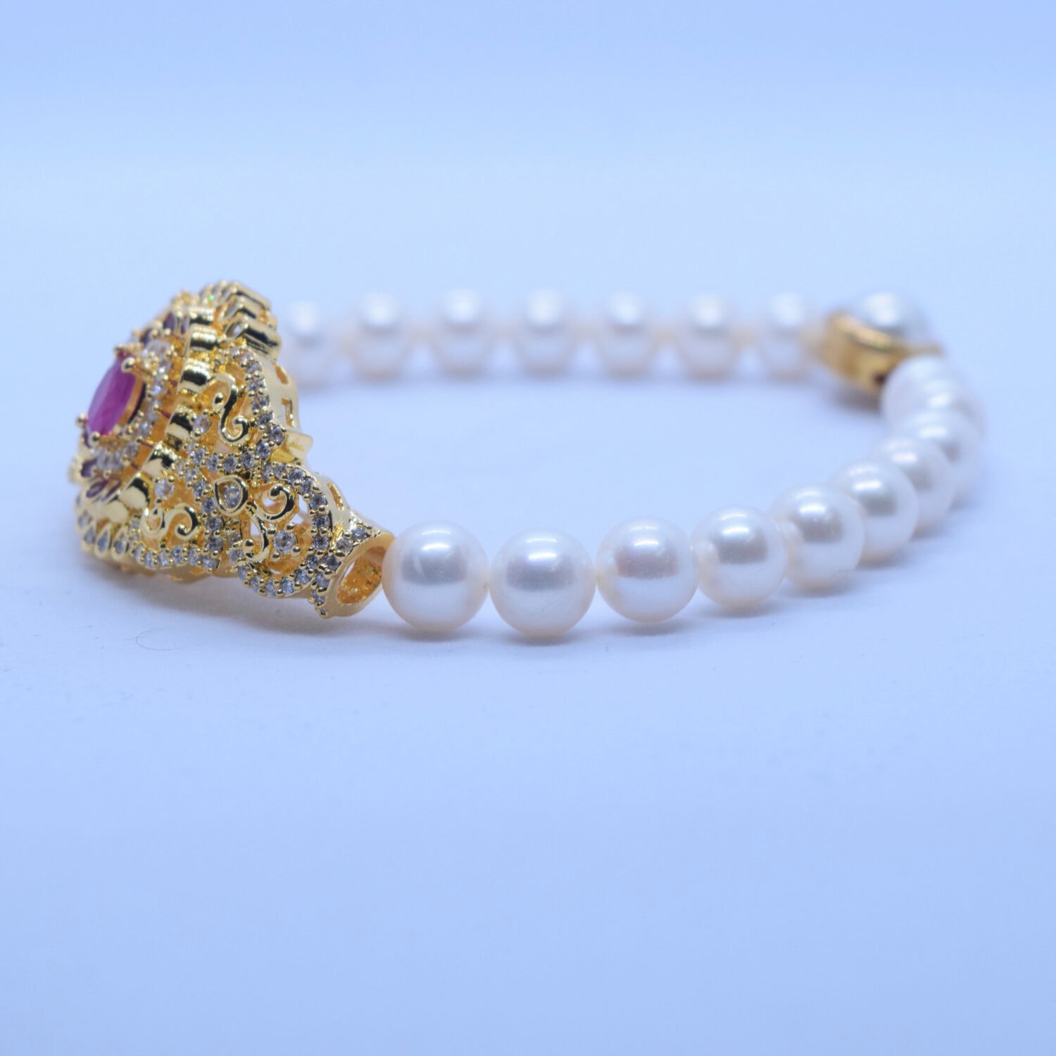 Ornate White Pearls Kada With Grand SP Ruby Clasp - Image 2