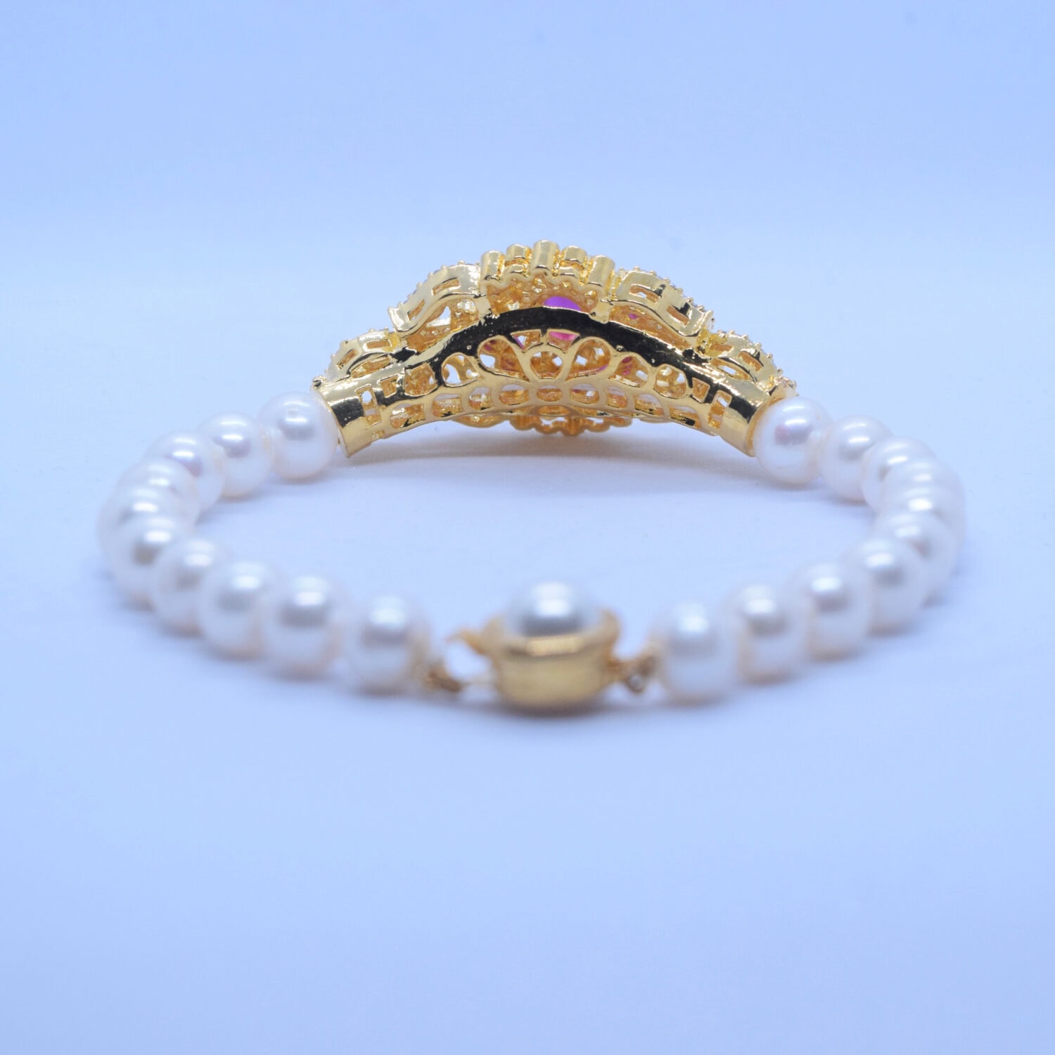 Ornate White Pearls Kada With Grand SP Ruby Clasp - Image 3