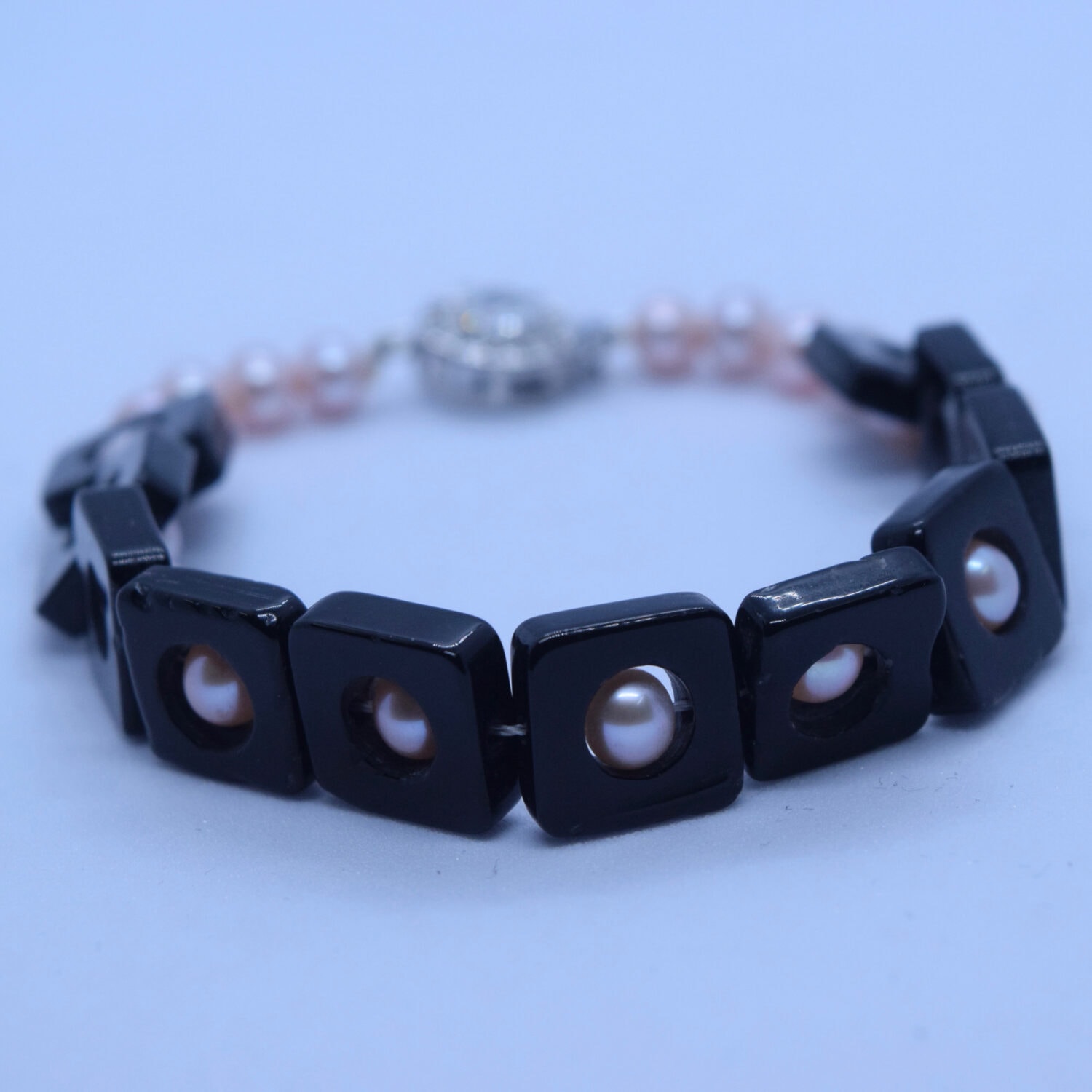 Cool 5mm Pink Pearls In Black Acrylic Blocks Bracelet - Image 2
