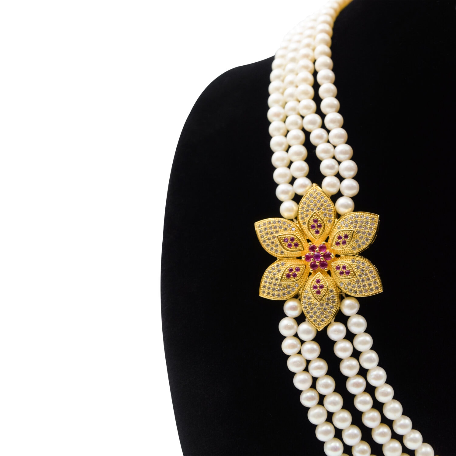 Fabulous 4 Rows Pearl Necklace With CZ Flower Pendant - Image 2